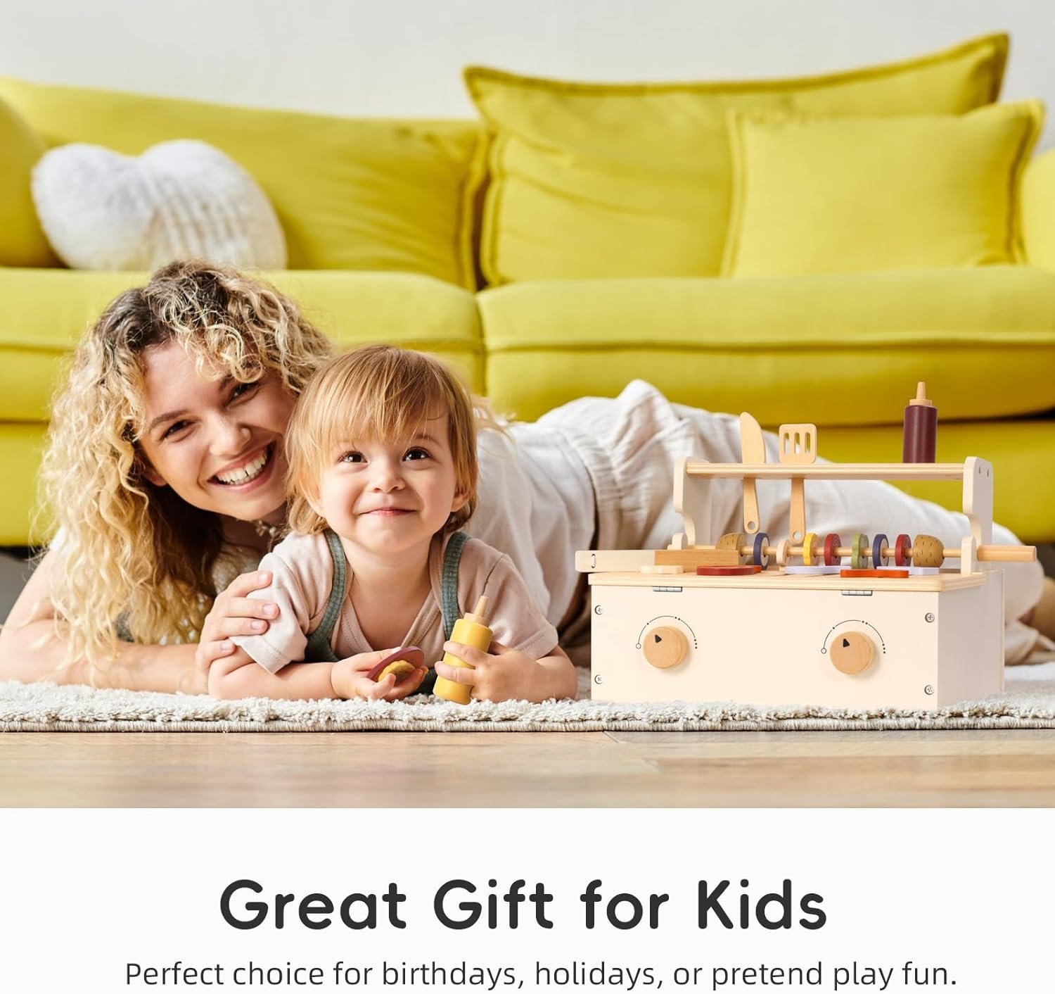 OOOK Wooden Kids BBQ Grill Playset, Play Barbecue Toy Grill with 25 PCS Toy Food and Grilling Tools, Play Kitchen Accessories for Toddlers Boys Girls Age 3+ - Image 9