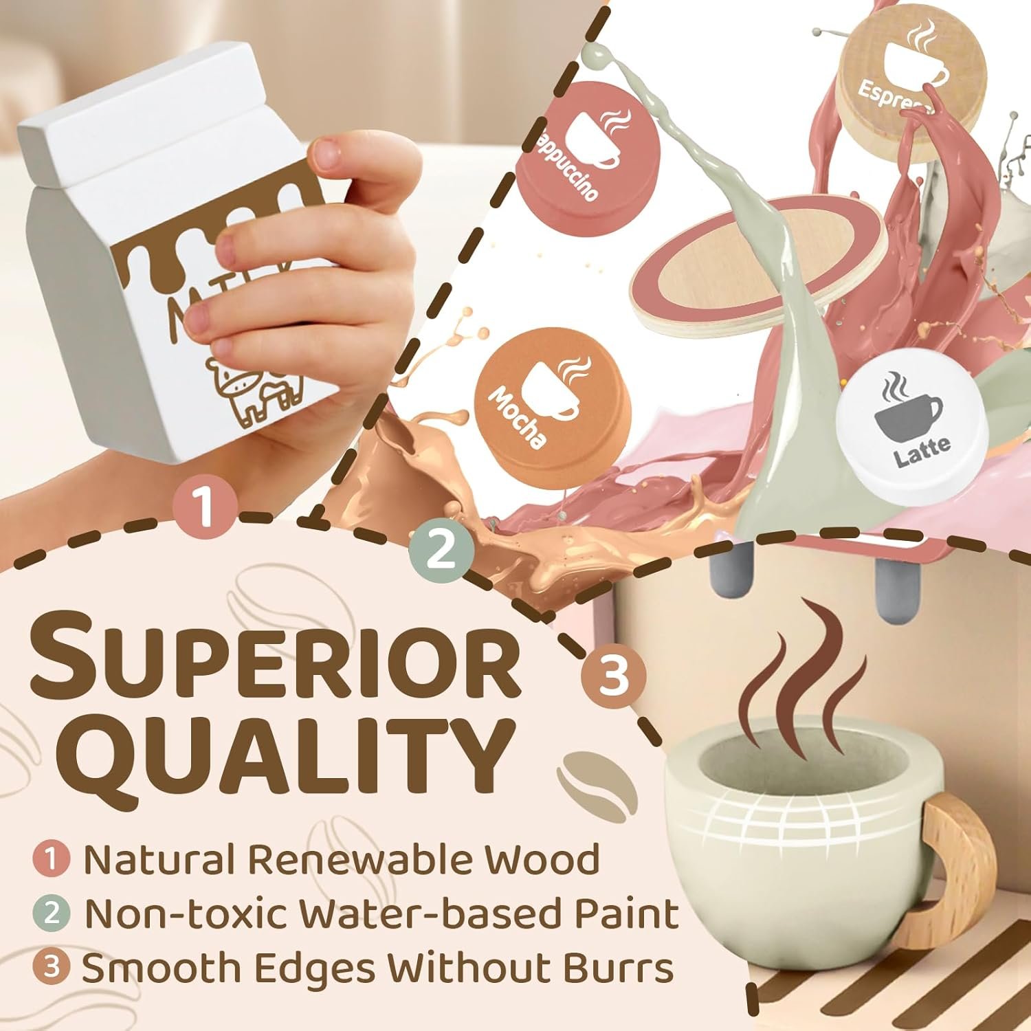 Airlab Kids Coffee Playset Toy Coffee Maker Set for Toddler Wooden Kitchen Accessories Pretend Play for Girls Boys Ages Birthday Gifts Pink - Image 3