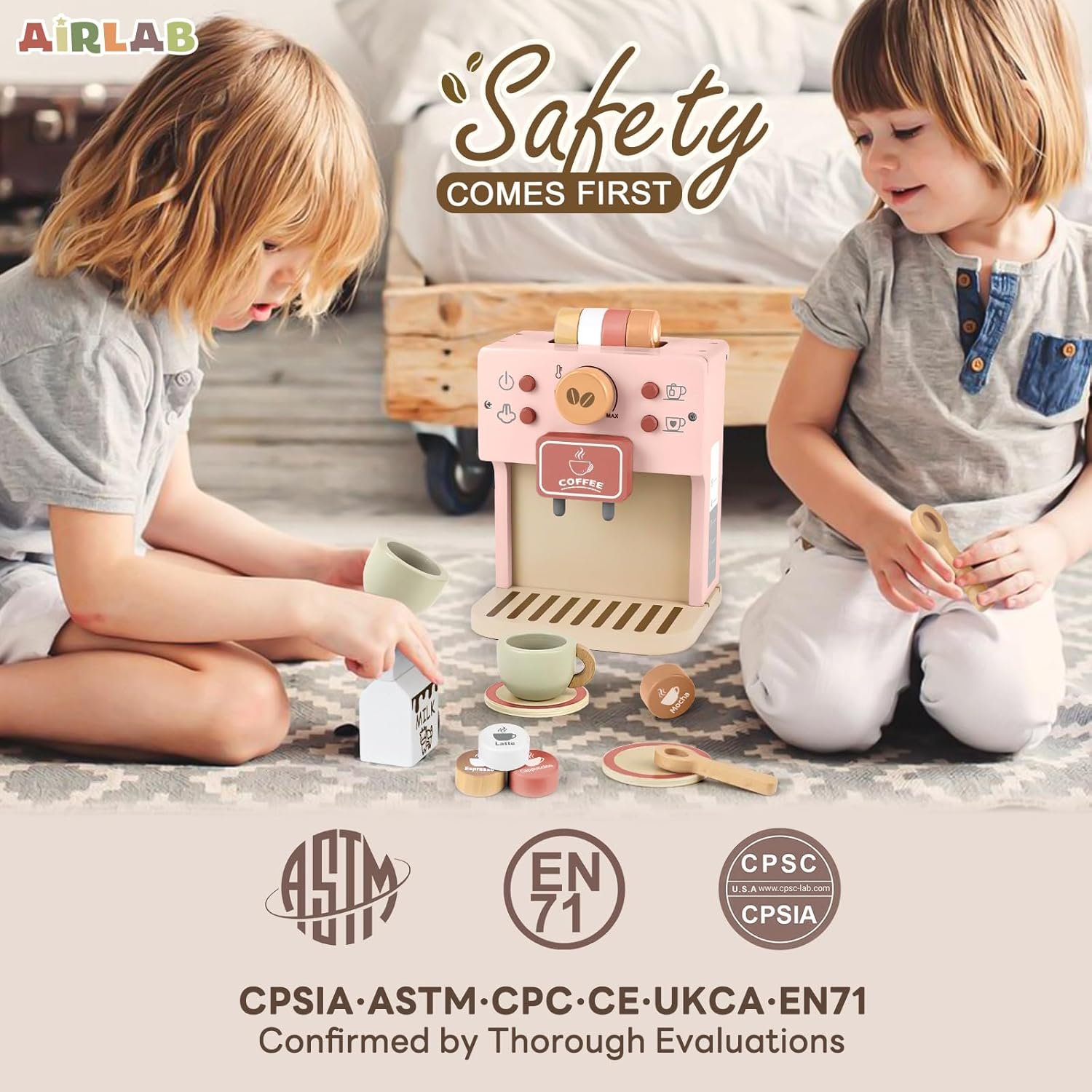 Airlab Kids Coffee Playset Toy Coffee Maker Set for Toddler Wooden Kitchen Accessories Pretend Play for Girls Boys Ages Birthday Gifts Pink - Image 4