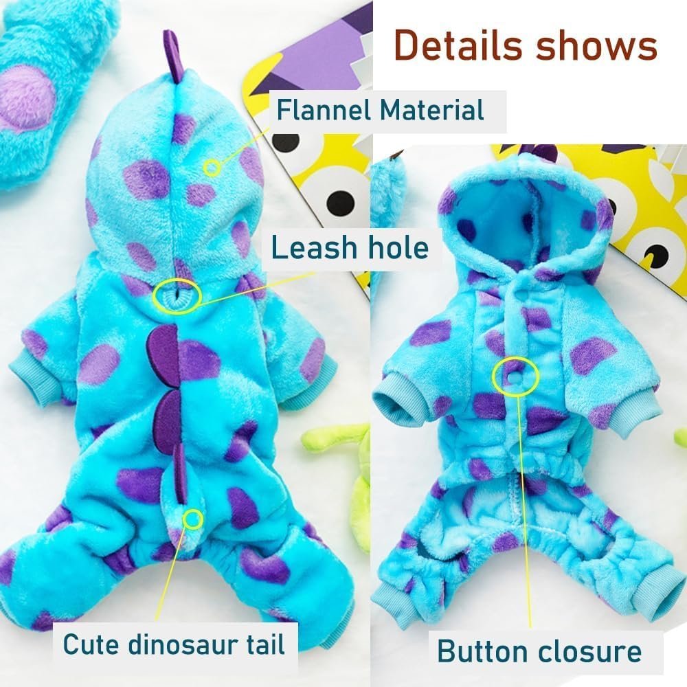 Dinosaur Pet Costume Hooded Jumpsuit for Small Dogs Cats, Soft Flannel Warm Four-Legged Clothing with Leash Hole, Funny Cosplay Outfit for Easter Halloween Christmas (Small, Dinosaur) - Image 3
