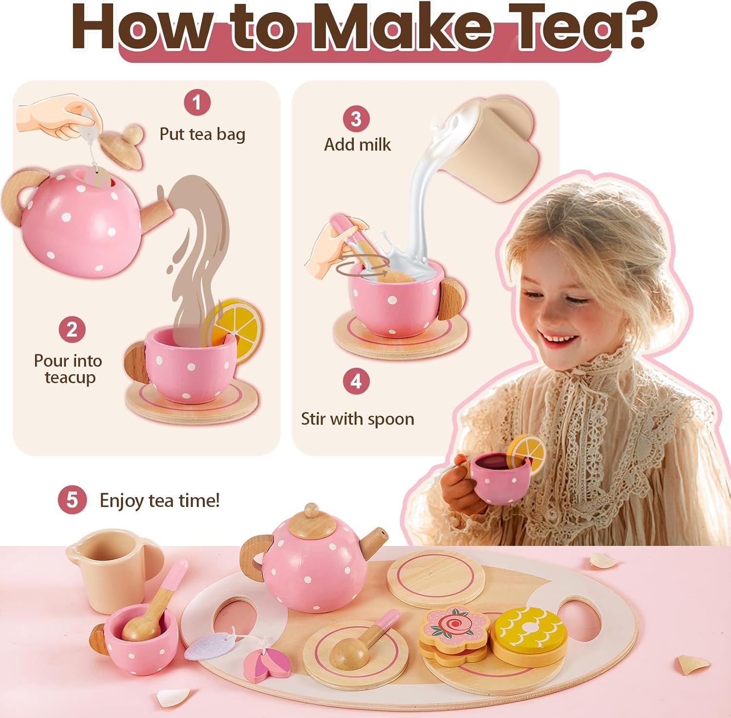 BUYGER Kids Wooden Tea Party Set for Little Girls Toddler Pretend Play Food Kitchen Accessories Princess Birthday Gifts for Ages 3 4 5 Years Old - Image 3