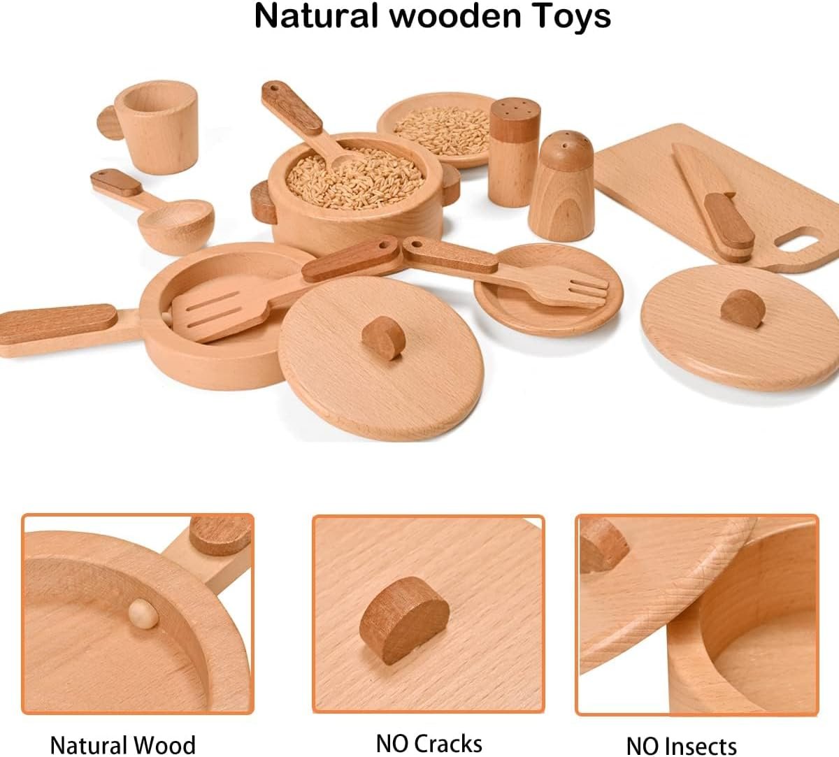 Play Kitchen Accessories Montessori Wooden Toys Kids Kitchen Set Cookware Plates Dishes Pots Pans Cooking Playset 15 Pieces Sensory Toys for Toddlers Girls Boys With Storage Bag - Image 4