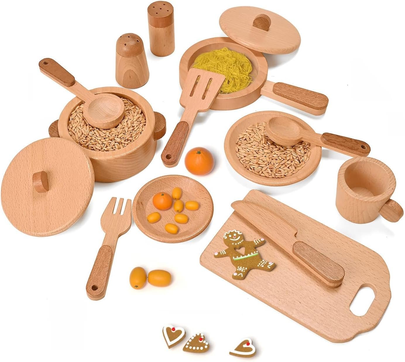 Play Kitchen Accessories Montessori Wooden Toys Kids Kitchen Set Cookware Plates Dishes Pots Pans Cooking Playset 15 Pieces Sensory Toys for Toddlers Girls Boys With Storage Bag - Image 5