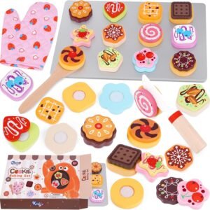 Wooden Cookie Play Food Set for Kids, Kitchen Accessories Food Toys for Toddlers, Pretend Play Slice and Bake Gifts for 3 4 5 Years Old Girls and Boys Toddler Learning Toy (Chocolate)