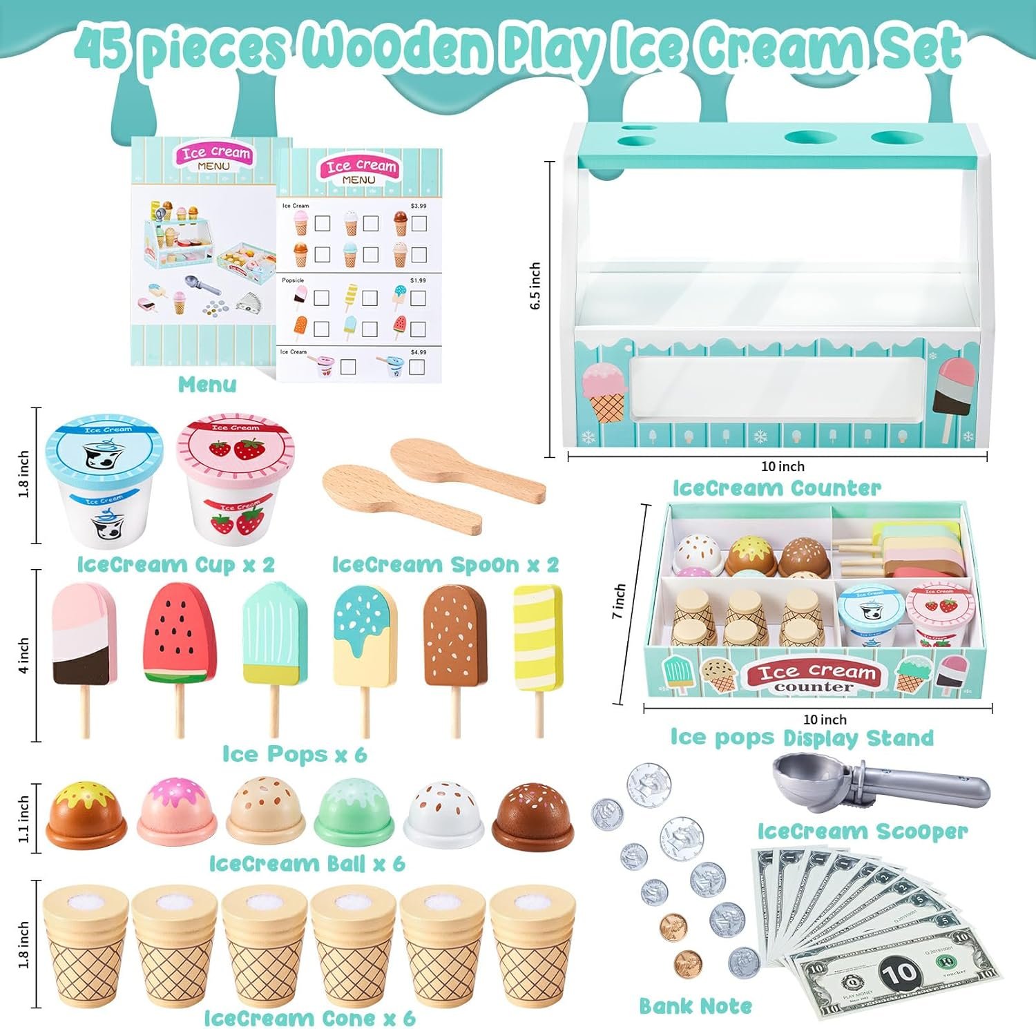 WHOHOLL Wooden Ice Cream Counter Playset for Toddler Girl Toys, Play Store Pretend Toy Food Play Kitchen Accessories with Fake Money & Coin, Christmas Birthday Gifts for 3+ Year Old Kids (Green) - Image 3