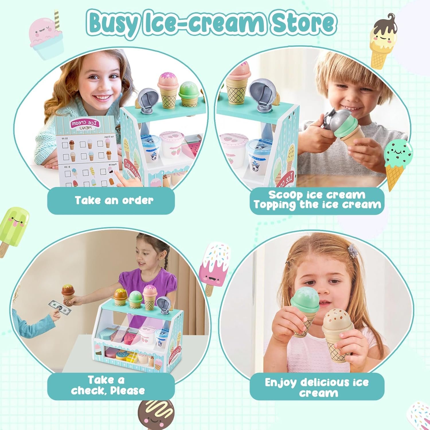 WHOHOLL Wooden Ice Cream Counter Playset for Toddler Girl Toys, Play Store Pretend Toy Food Play Kitchen Accessories with Fake Money & Coin, Christmas Birthday Gifts for 3+ Year Old Kids (Green) - Image 4