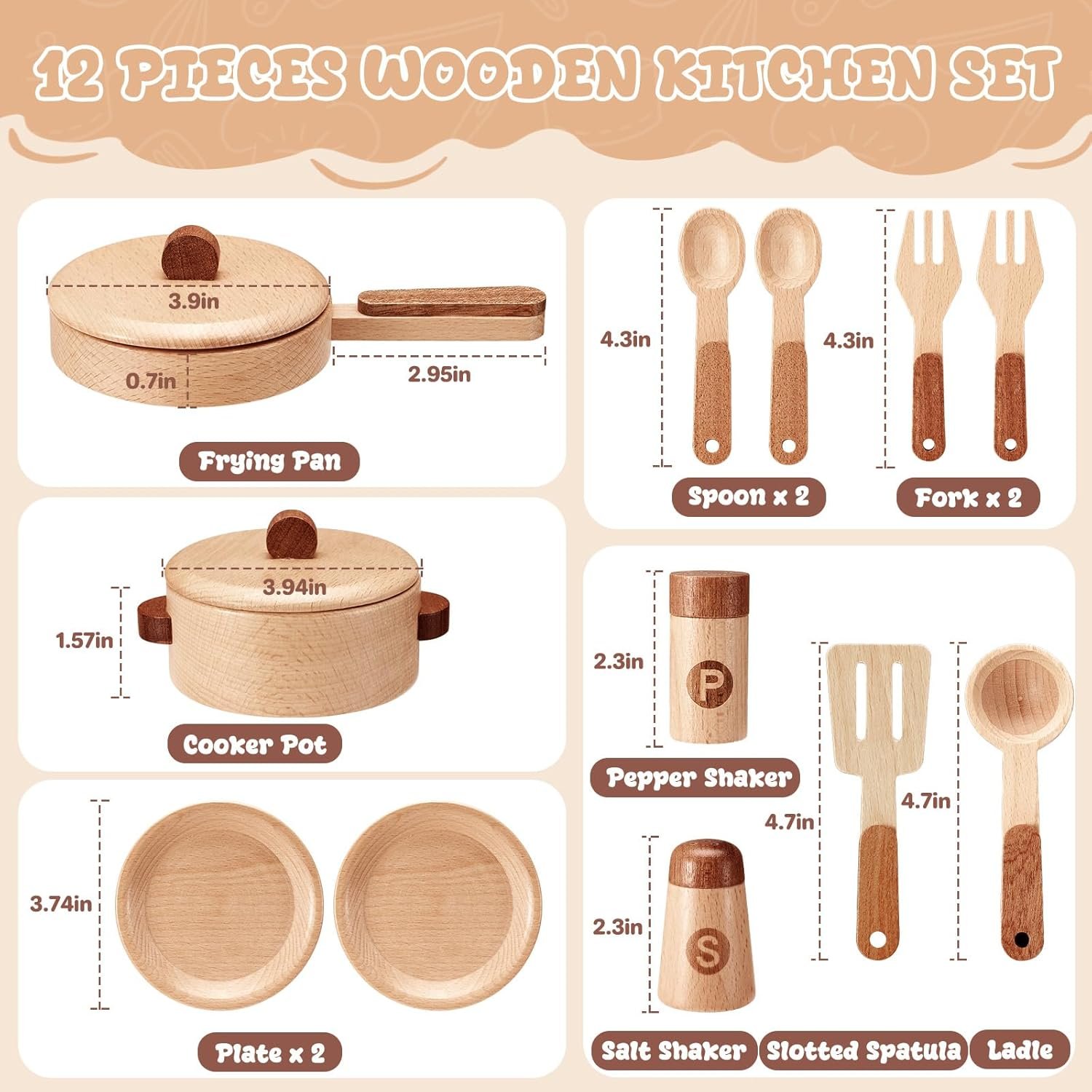 WHOHOLL Wooden Play Kitchen Accessories, Pretend Toys Pots and Pans Cooking Set for Toddlers 3 4 5 6, Kids Kitchen Playset with Plates and Dishes, Christmas Birthday Gifts for Girls Boys - Image 4