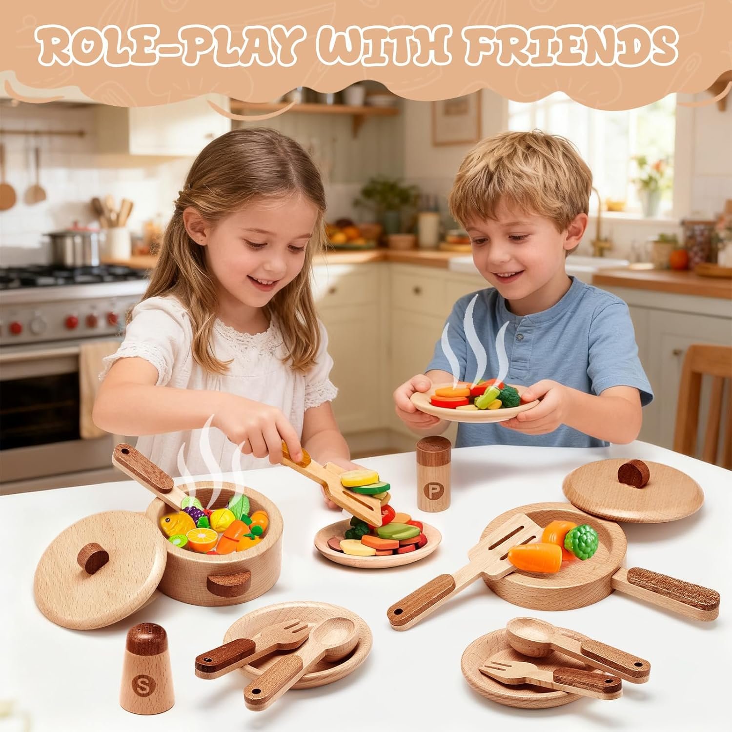 WHOHOLL Wooden Play Kitchen Accessories, Pretend Toys Pots and Pans Cooking Set for Toddlers 3 4 5 6, Kids Kitchen Playset with Plates and Dishes, Christmas Birthday Gifts for Girls Boys - Image 5