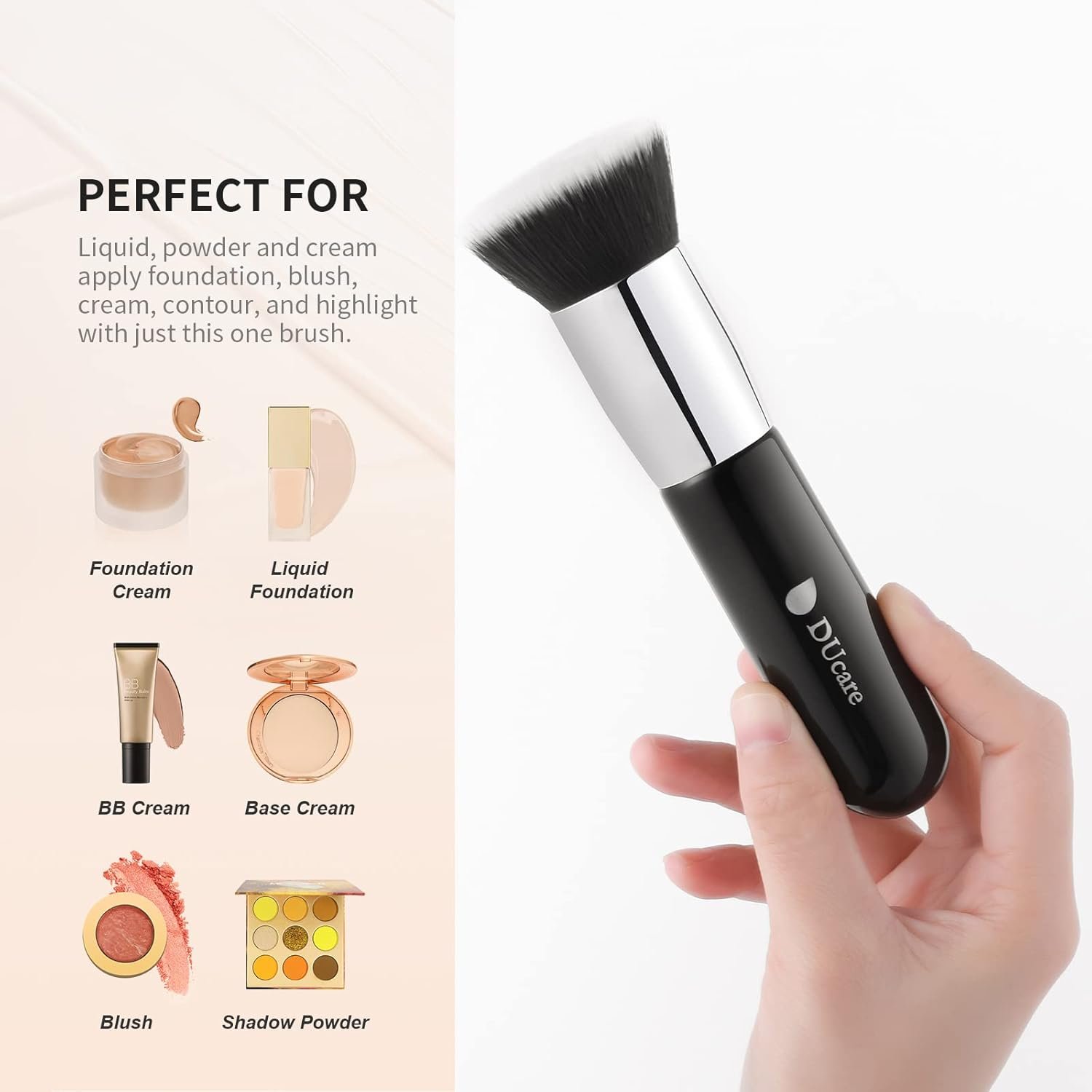 DUcare Kabuki Foundation Brush for Liquid Makeup Flat Top Professional Stick Buffing Blending Mineral Powder Large Face Makeup Brush, Black - Image 3