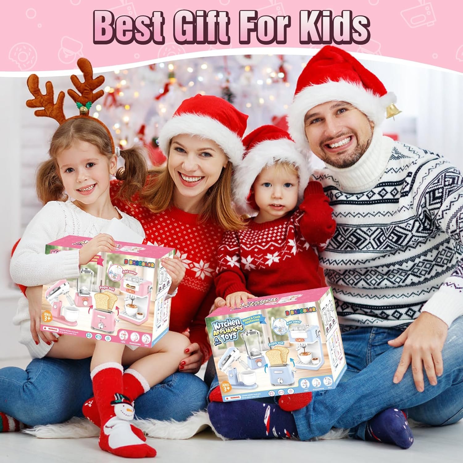 Kids Kitchen Toys Set, BPA-Free 7 Piece Pretend Play Appliances with Light Sound, Coffee Maker Blender Stand Mixer Toaster for Toddlers Ages 3 Plus, Educational Role Play Gift (Pink) - Image 4