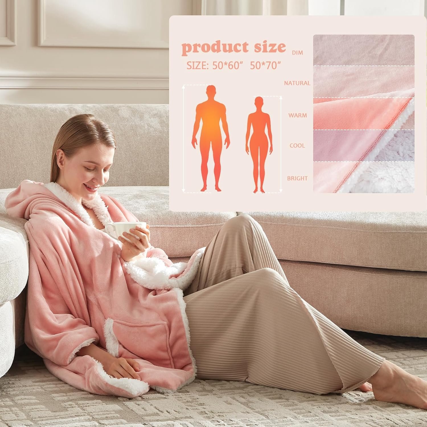 Wearable Heated Blanket - Warm Up Electric Blanket Hoodie with 6 Heat Levels, Snuggies for women, gifts for her, 50"x70", Pink - Image 4