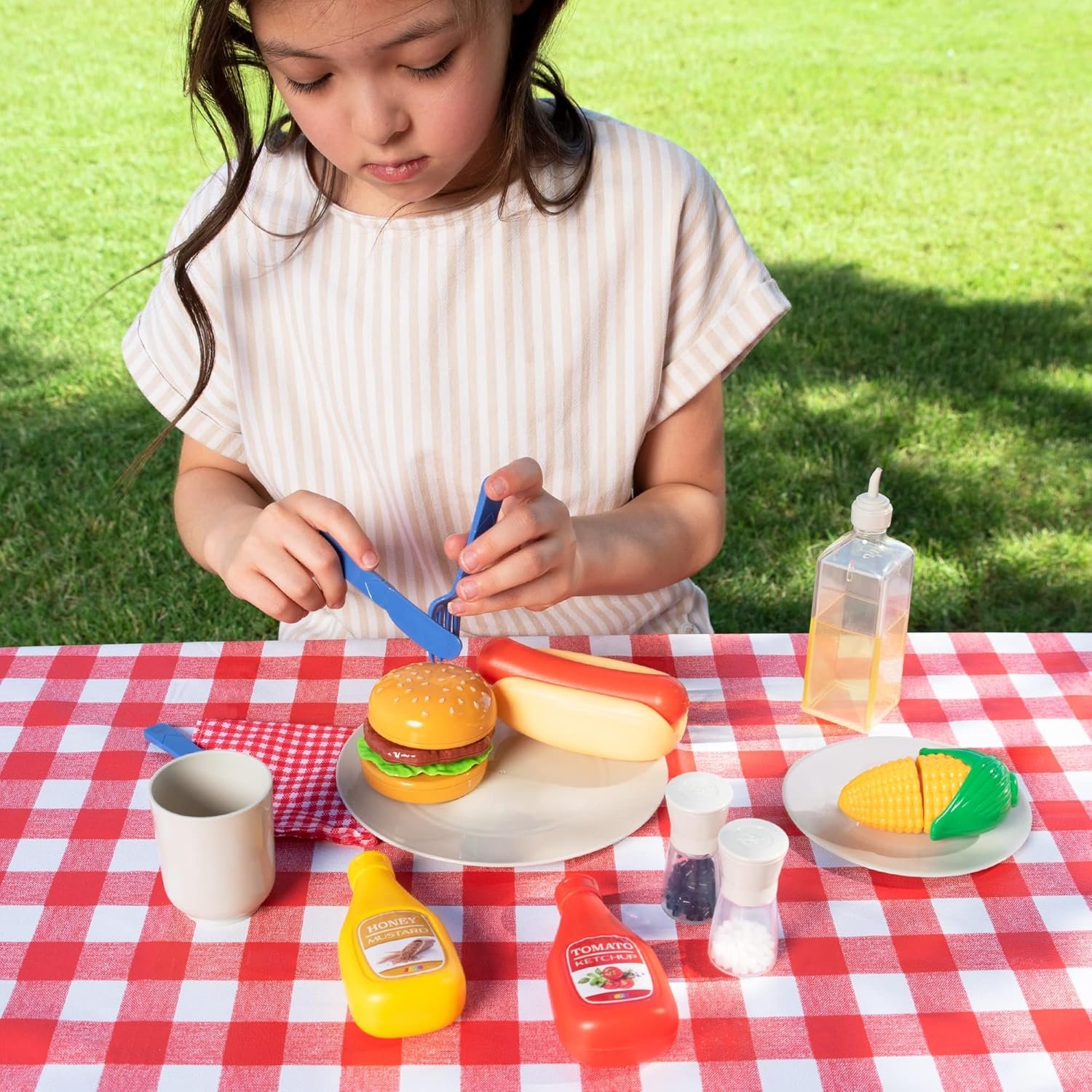 27 PCS Kids BBQ Grill Playset Backyard Barbecue Play Grill Toy Set for Toddlers, Play Food Sets for Kids Kitchen - Image 4