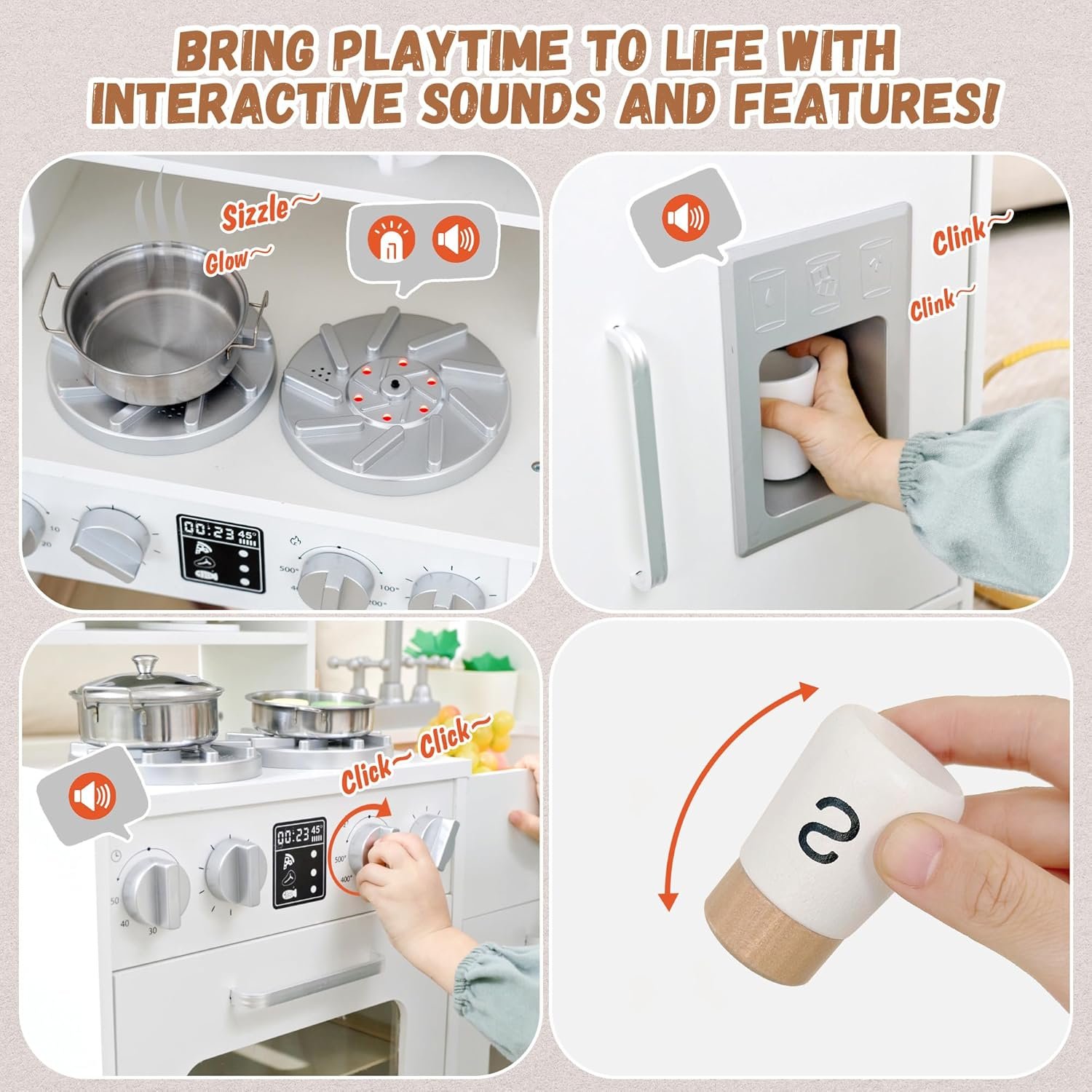 Wooden Play Kitchen for Toddlers and Kids with Lights & Sounds, Large Interactive Pretend Play Set with Ice Maker, Stove, Sink, Oven, 12 Accessories - Ages 3-8 - Image 3