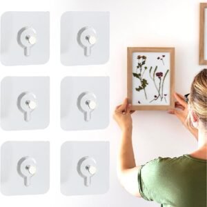 Picture Hangers Without Nails, 20 Ibs Load Heavy Duty Self Adhesive Wall Hooks No Drill Hooks for Hanging, Upgraded Picture Hangers Without Nails Nail Free Wall Hangers for Home (2.36" × 3.93", 6pcs)