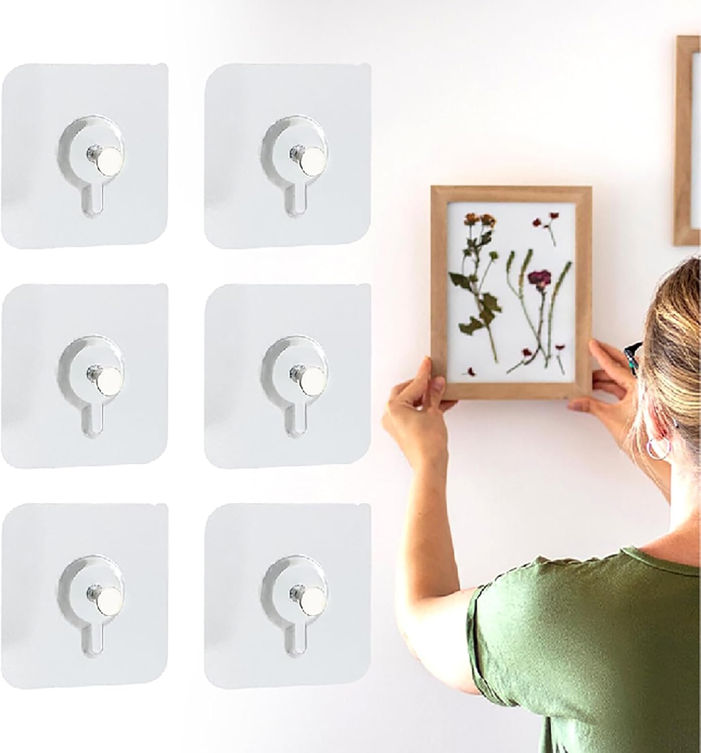 Picture Hangers Without Nails, 20 Ibs Load Heavy Duty Self Adhesive Wall Hooks No Drill Hooks for Hanging, Upgraded Picture Hangers Without Nails Nail Free Wall Hangers for Home (2.36" × 3.93", 6pcs)