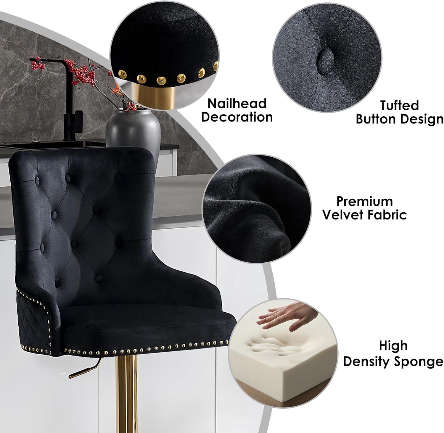 Velvet Gold Bar Stools Set of 2 Modern Counter Height Bar Stools with Lion Pull Ring Tufted Back, Nailhead Upholstered Barstools for Home Kitchen Island, Swivel Adjustable Stool Chair in Black - Image 3