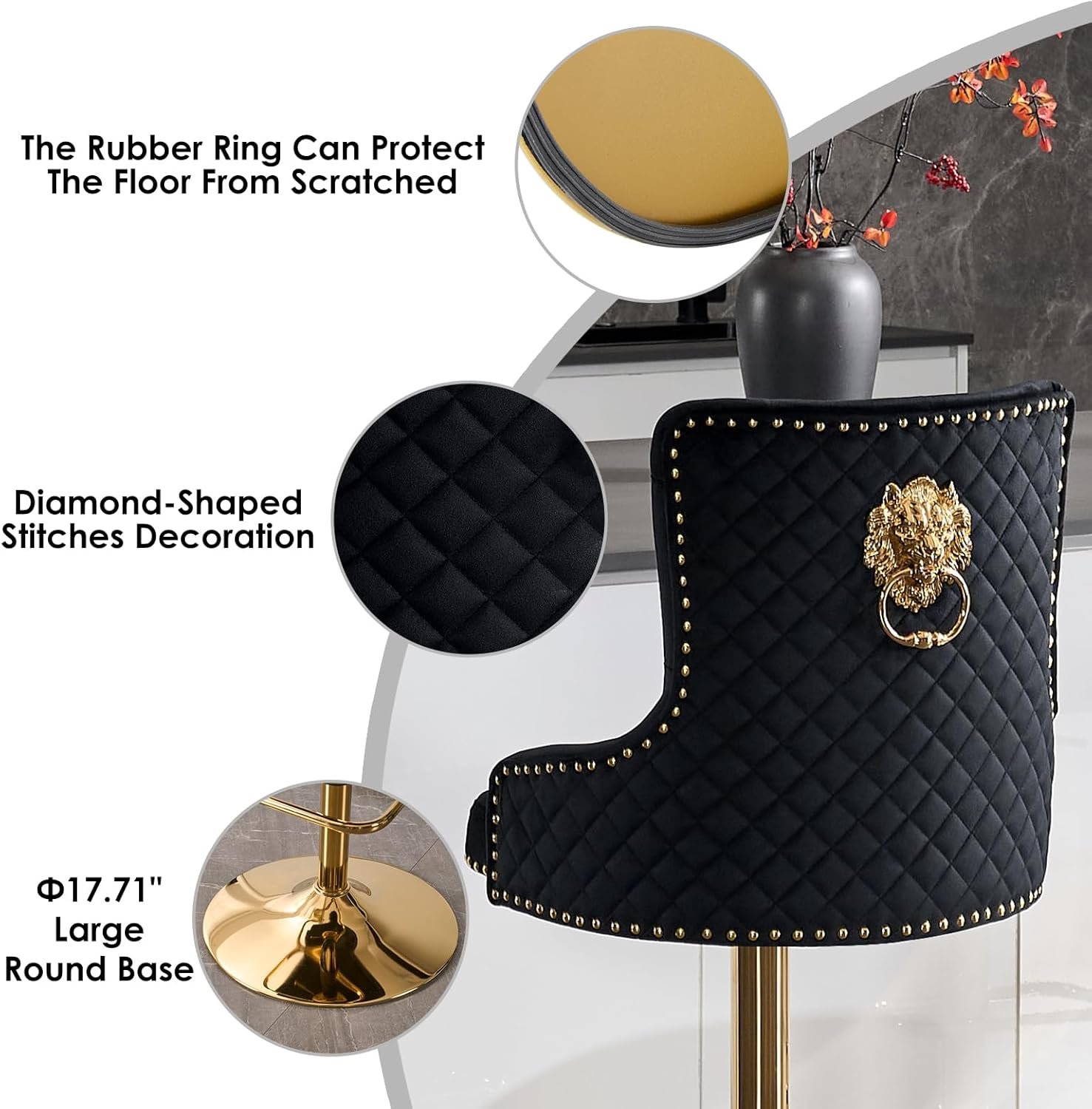 Velvet Gold Bar Stools Set of 2 Modern Counter Height Bar Stools with Lion Pull Ring Tufted Back, Nailhead Upholstered Barstools for Home Kitchen Island, Swivel Adjustable Stool Chair in Black - Image 4