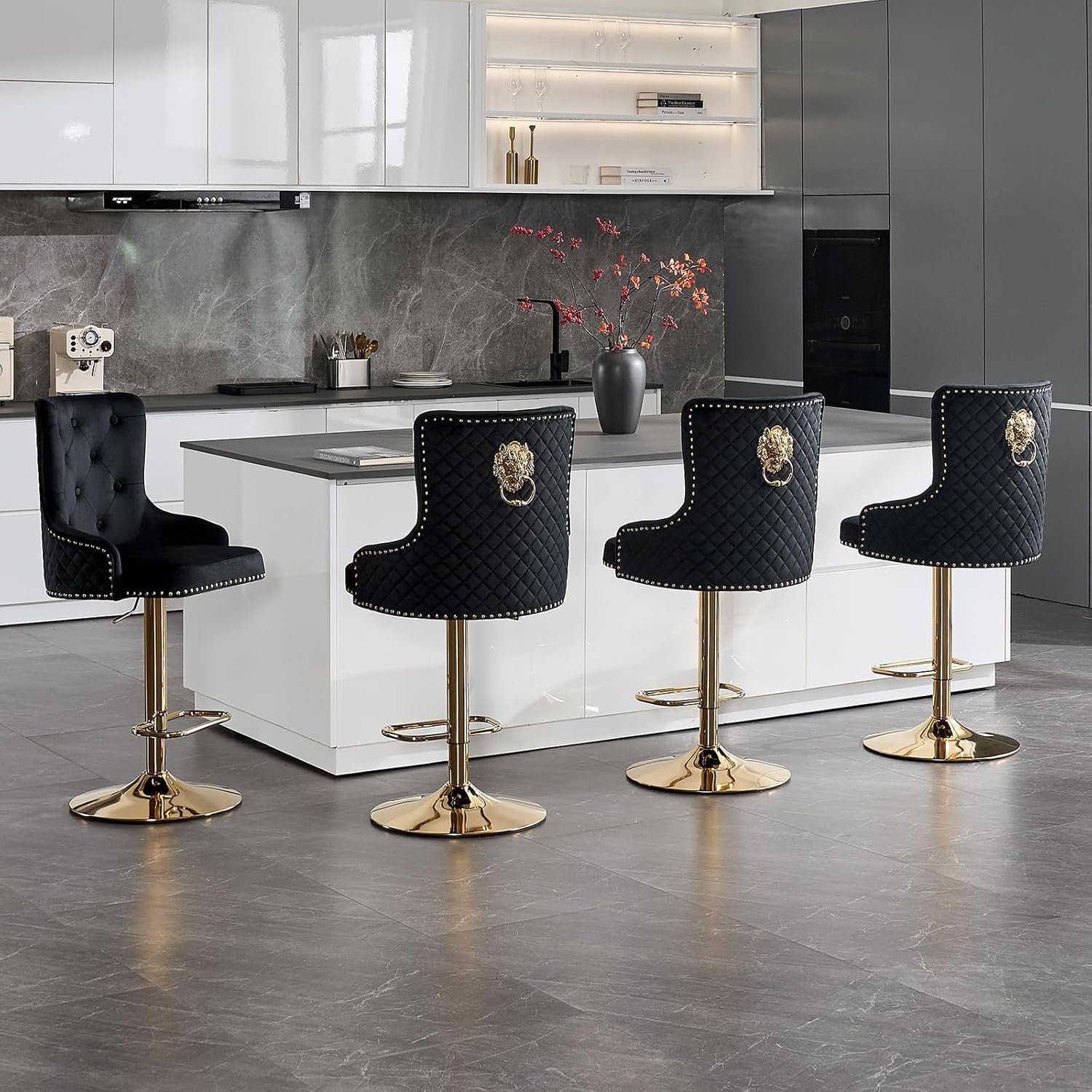 Velvet Gold Bar Stools Set of 2 Modern Counter Height Bar Stools with Lion Pull Ring Tufted Back, Nailhead Upholstered Barstools for Home Kitchen Island, Swivel Adjustable Stool Chair in Black - Image 5