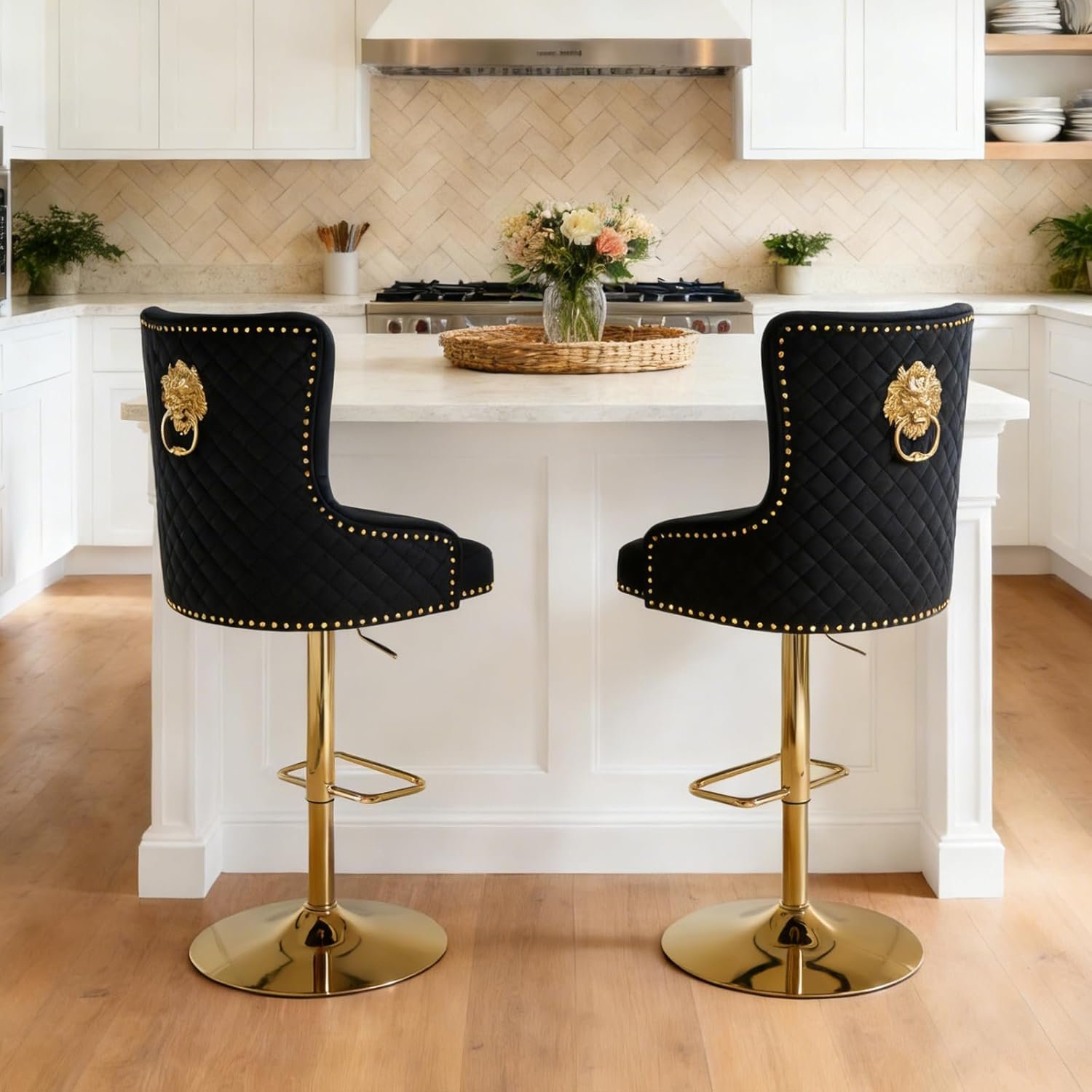 Velvet Gold Bar Stools Set of 2 Modern Counter Height Bar Stools with Lion Pull Ring Tufted Back, Nailhead Upholstered Barstools for Home Kitchen Island, Swivel Adjustable Stool Chair in Black - Image 8