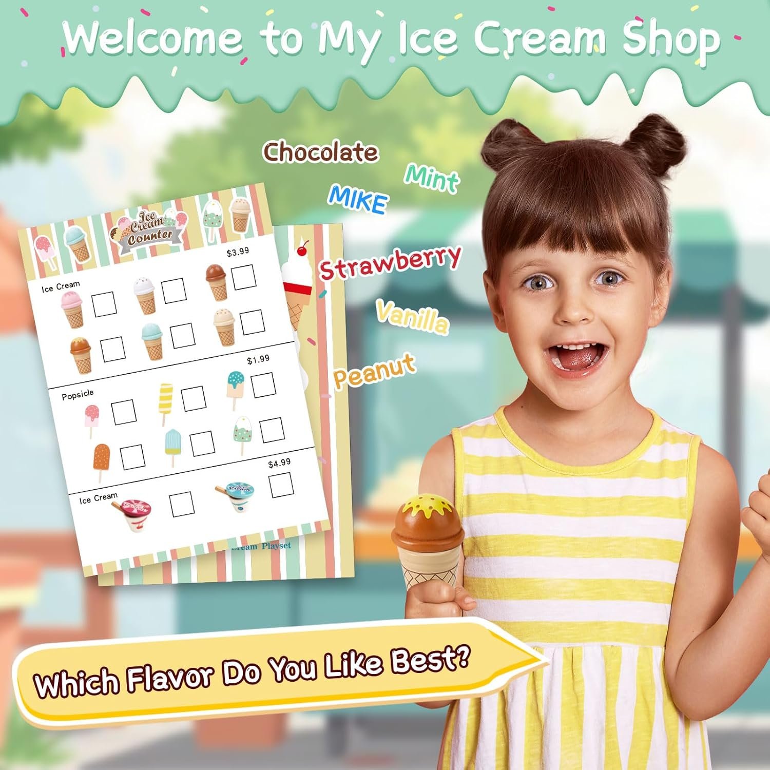 Wooden Ice Cream Toys for Kids Pretend Play Kitchen Food Toys with Scoop & Menu & Fake Money, Ice Cream Counter Shop Playset for 3 4 5 6 Year Old Girls Boys Birthday Gifts - Image 6