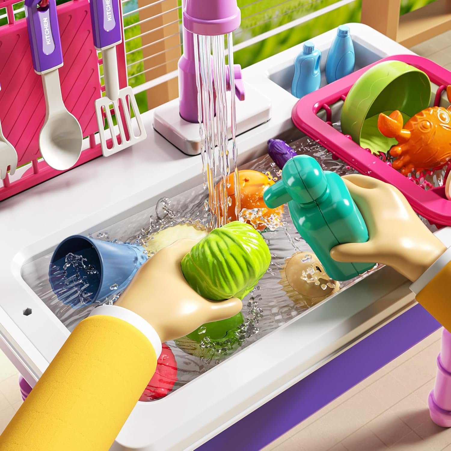 Play Sink with Running Water, Play Kitchen Toys Sink for Kids 3 4 5 6 7 Years Old, Electrical Dishwasher, Kitchen Accessories Set, Dishes Games, Gifts for Toddlers 3-5 - Image 3