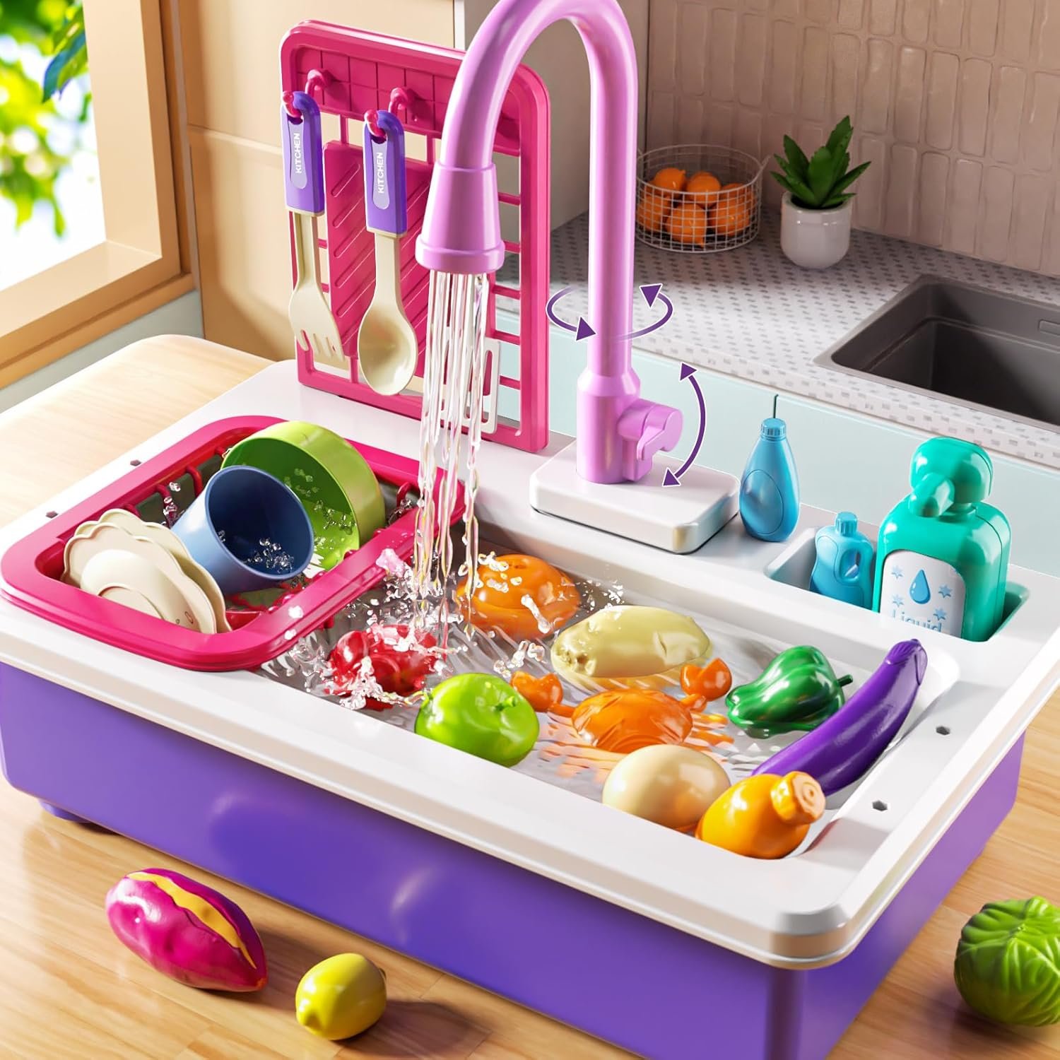 Play Sink with Running Water, Play Kitchen Toys Sink for Kids 3 4 5 6 7 Years Old, Electrical Dishwasher, Kitchen Accessories Set, Dishes Games, Gifts for Toddlers 3-5 - Image 7