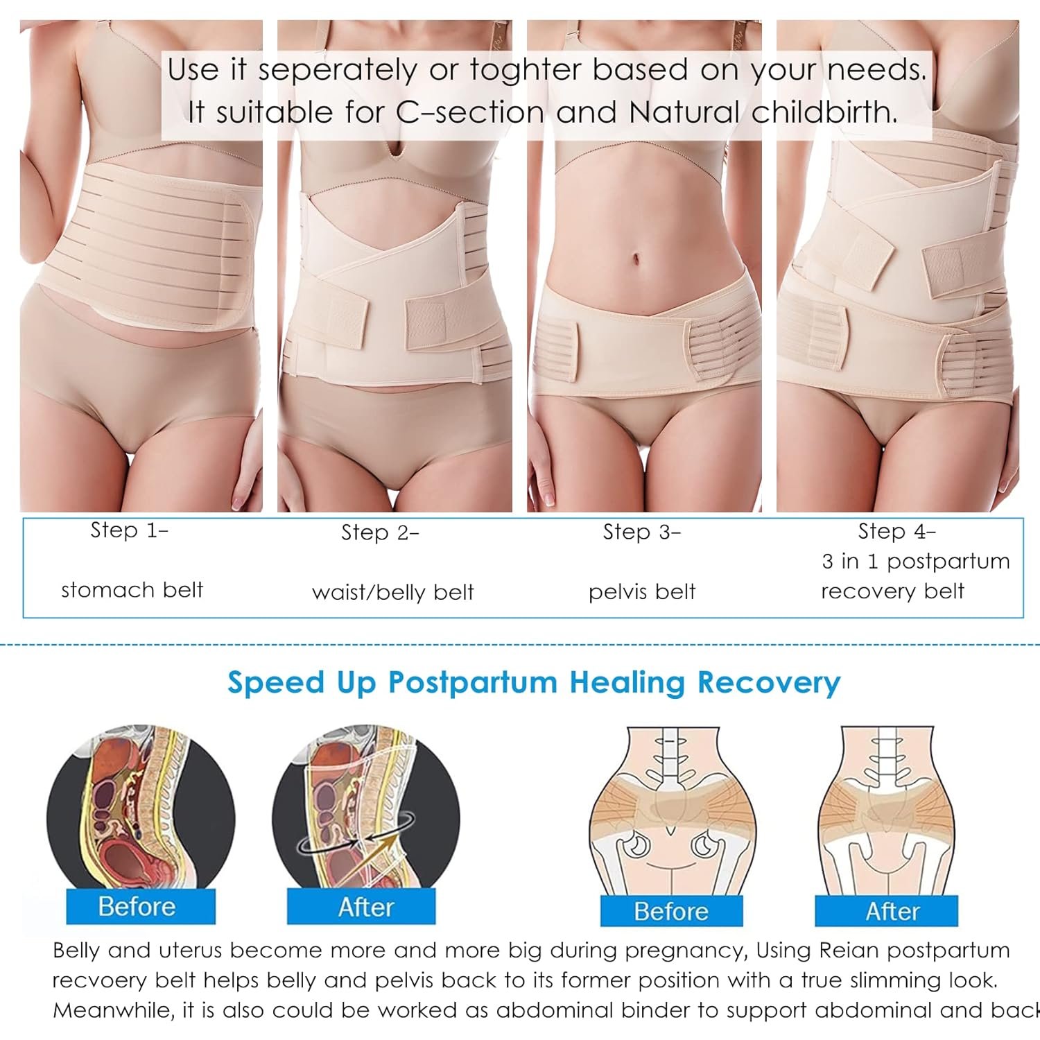 Reian Postpartum Belly Band 3 in 1 Post Csection Support Recovery Belt for Post Pregnancy After Giving Birth Women Postnatal Shapewear Girdles (One Size, Beige) - Image 5