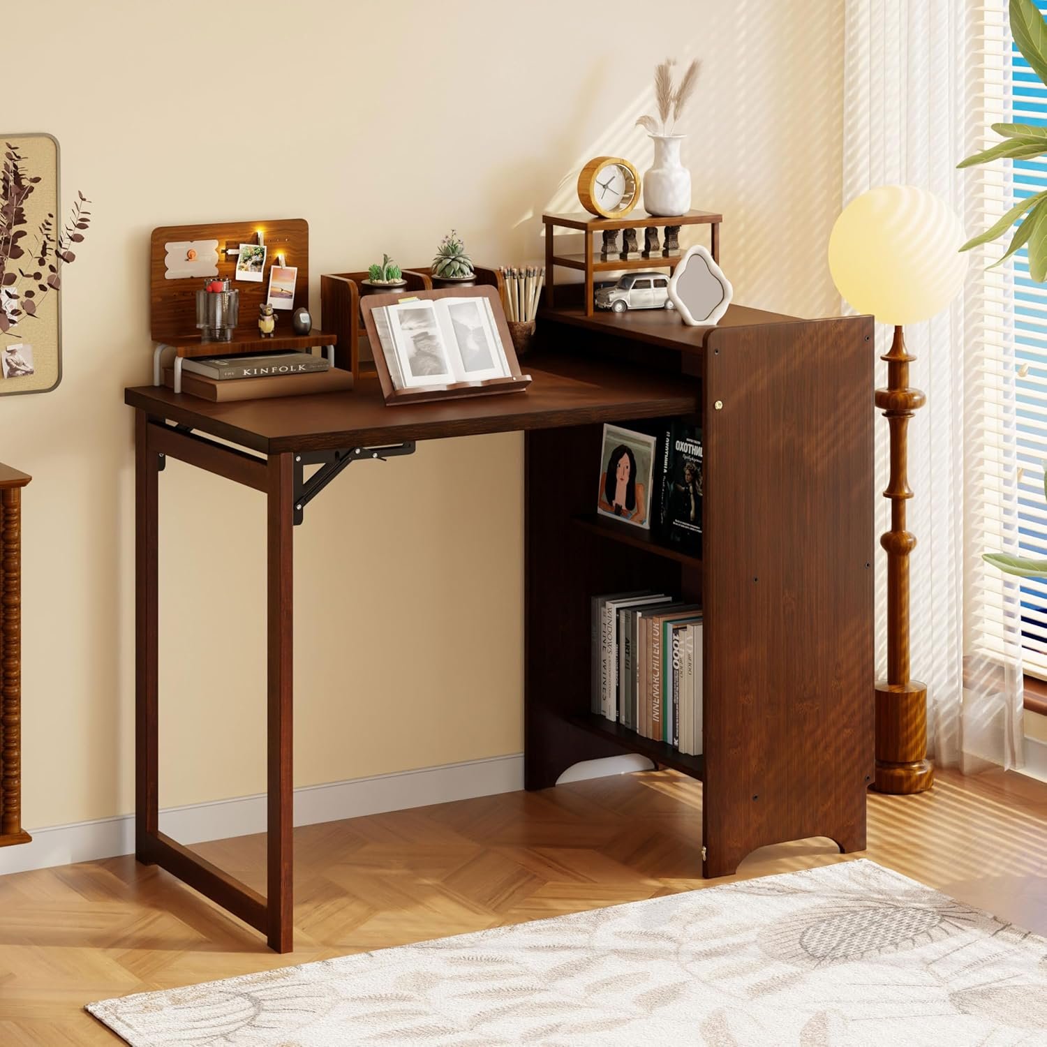 Bamboo Folding Desk for Small Spaces,Hidden Desk with Storage Shelf, Foldable Computer Desk for Bedroom Home Office, Mid Century Modern Fold Out Table Writing Table, Walnut - Image 3