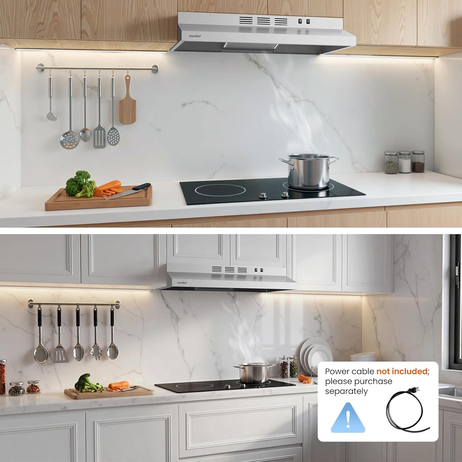 COMFEE' CVU30W2AST Range Hood 30 Inch Ducted Ductless Vent Hood Durable Stainless Steel Kitchen Hood for Under Cabinet with 2 Reusable Filter, 200 CFM, 2 Speed Exhaust Fan Silver - Image 3