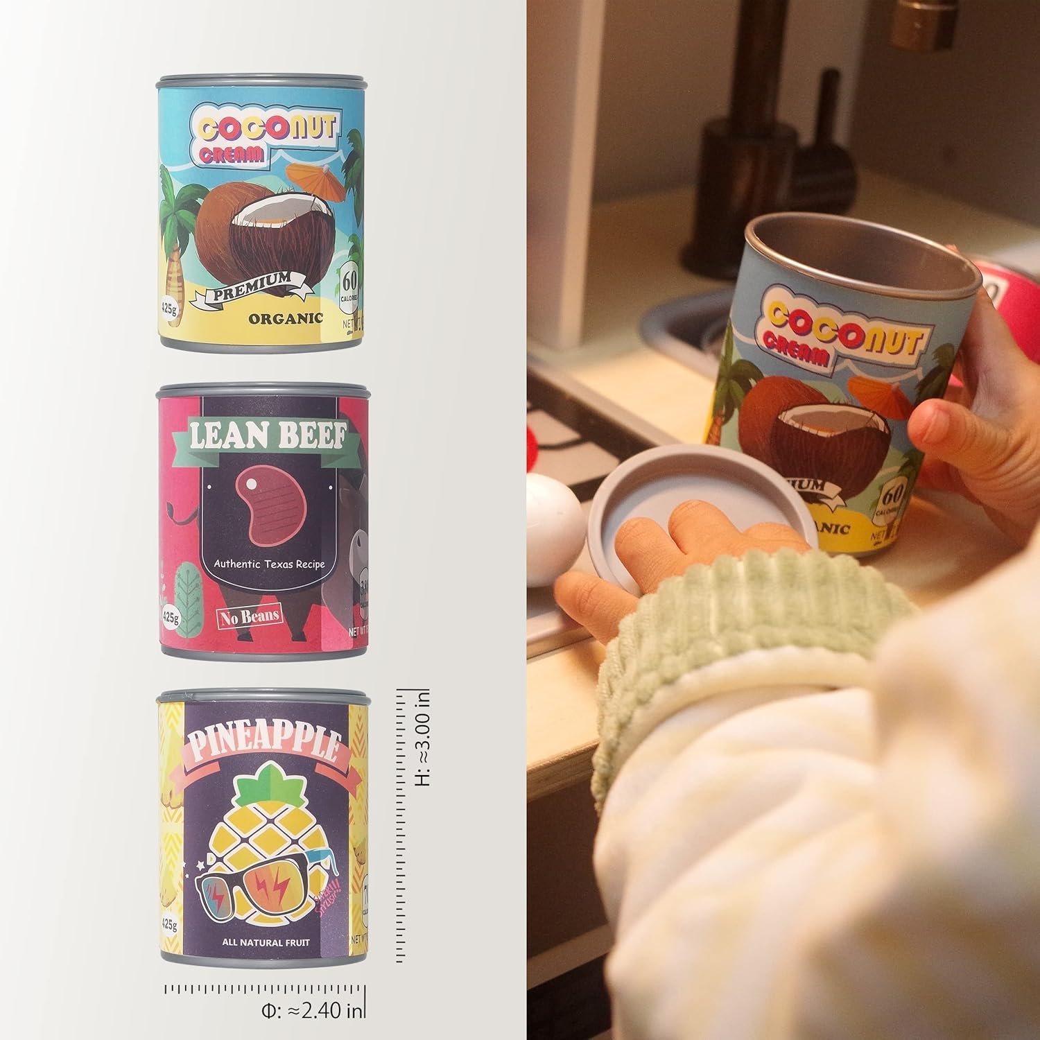 U DREAM Pretend Play Food Sets, Toy Canned Food for Kids, Kitchen Accessories, Grocery Store Pretend, 9 PCS Removable Lids - Image 3