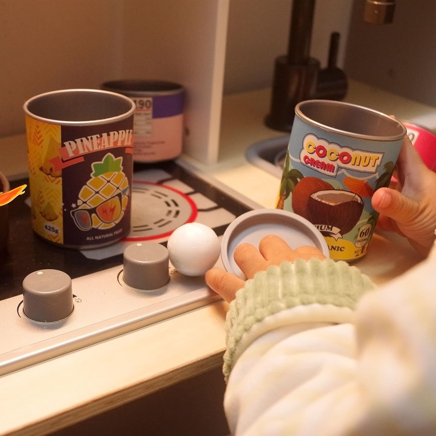 U DREAM Pretend Play Food Sets, Toy Canned Food for Kids, Kitchen Accessories, Grocery Store Pretend, 9 PCS Removable Lids - Image 5