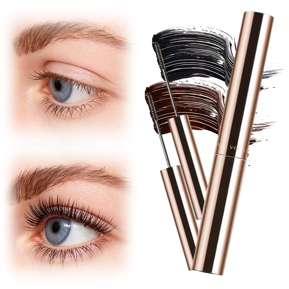 Ultra-Fine Lengthening Waterproof Quick-Dry Mascara, Waterproof Quick Drying Curling Mascara, Iron Mascara, 3D Curling Eyelash Long, Lasting Smudge-Proof No Clumping (Black+Brown)