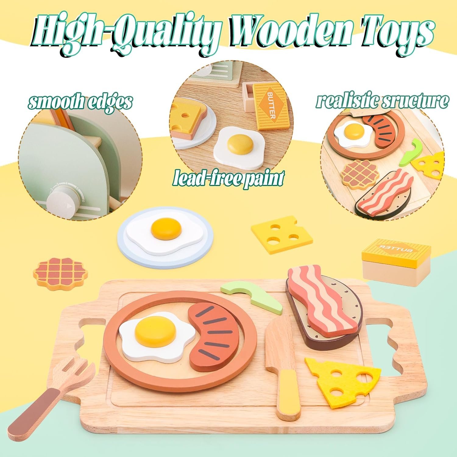 Play Kitchen Accessories Toddlers Wooden Pop-up Toaster Toy Play Food Kids Age , Bread, Butter, Poached Egg Cutting Pretend Toys - Image 4