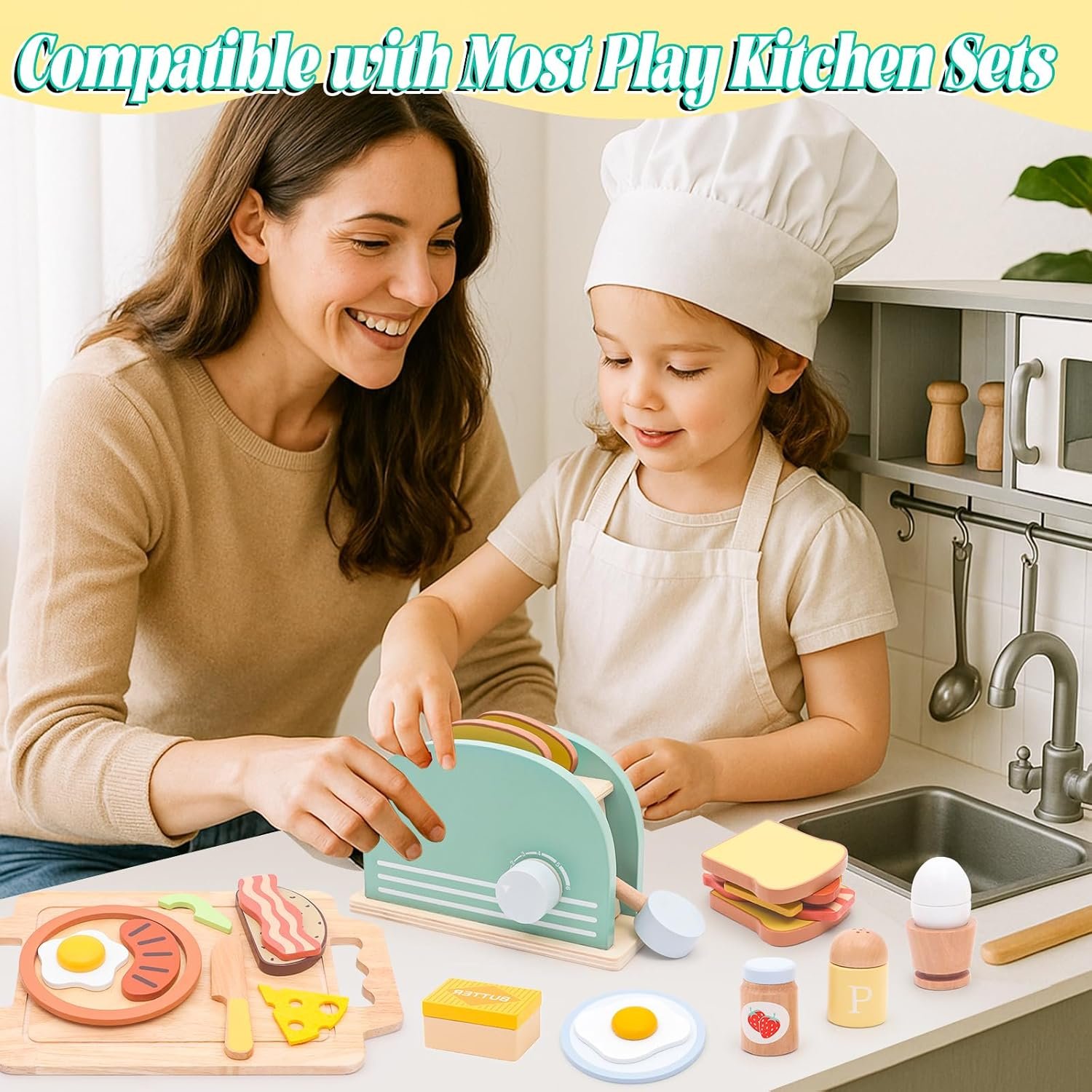 Play Kitchen Accessories Toddlers Wooden Pop-up Toaster Toy Play Food Kids Age , Bread, Butter, Poached Egg Cutting Pretend Toys - Image 6