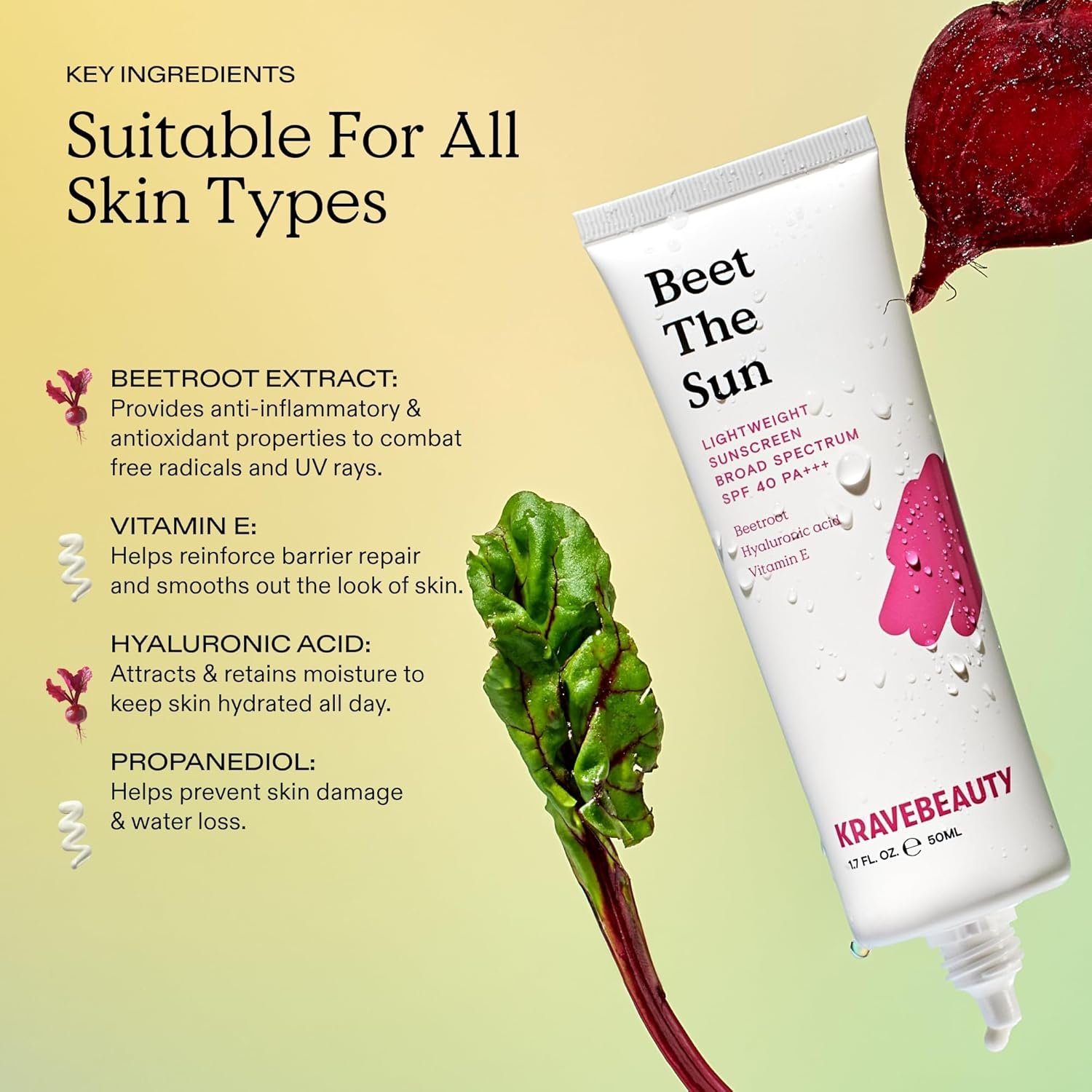 KraveBeauty Beet The Sun Lightweight Sunscreen SPF 40 PA+++, Broad Spectrum Facial Sunscreen with Beet Root Extract & Hyaluronic Acid, Non-Greasy Daily SPF Lotion for Face, Fragrance Free, 50 mL - Image 4