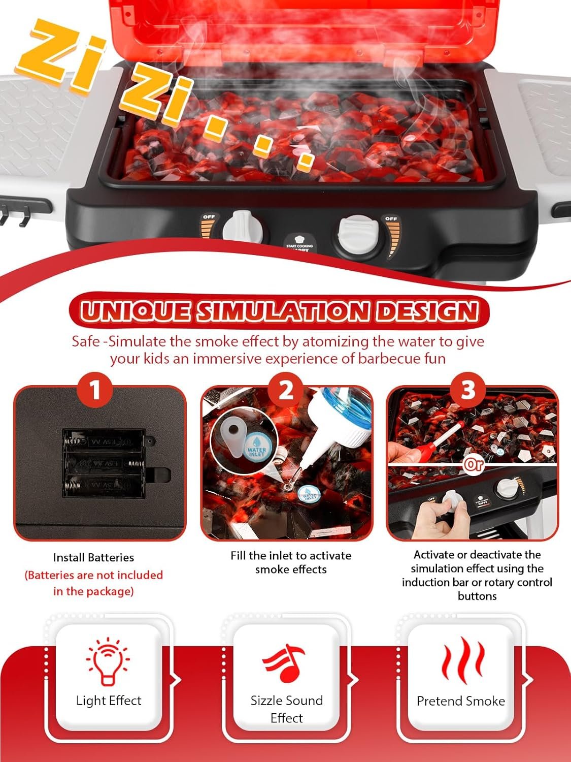 Kids Kitchen Toy Barbecue Grill Playset Cooking Interactive Toys with Smoke Sound Light Simulation Chef Apron Hat Little Chef Pretend Play Accessories Christmas Birthday Gift for Boys Girls - Image 3