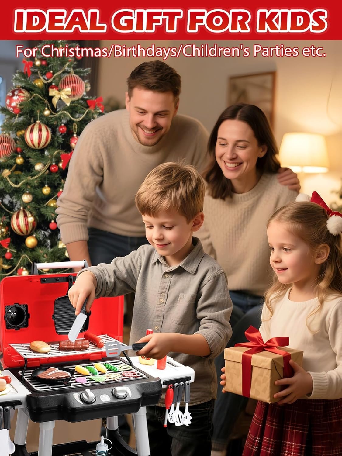 Kids Kitchen Toy Barbecue Grill Playset Cooking Interactive Toys with Smoke Sound Light Simulation Chef Apron Hat Little Chef Pretend Play Accessories Christmas Birthday Gift for Boys Girls - Image 4