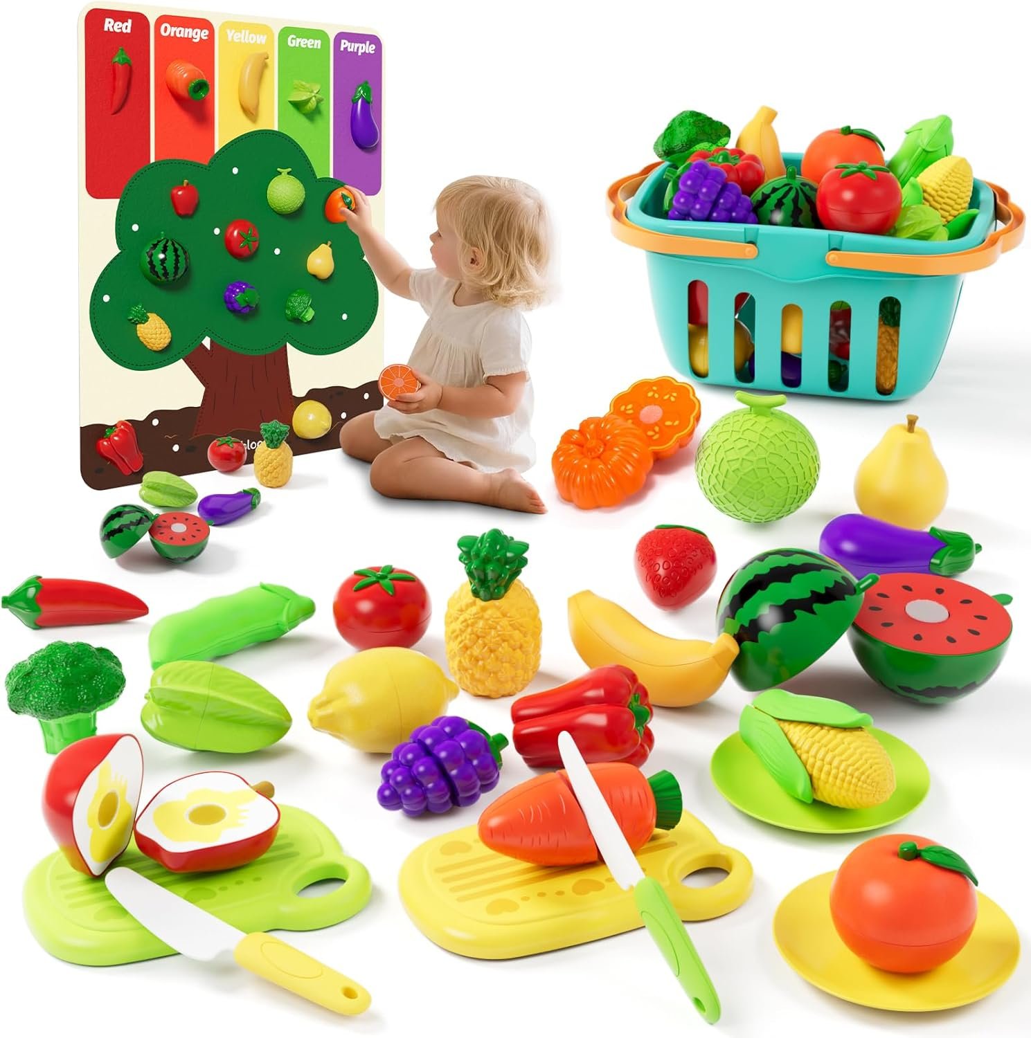 Play Food Set with Cutting Fruits&Felt Tree Mat, Pretend Food Play Kitchen Accessories, Toy Kitchen Food Playset for Toddlers, Preschool Learning Toys for Kids Ages 3 4 5 6 Boys Girls Gift - Image 7