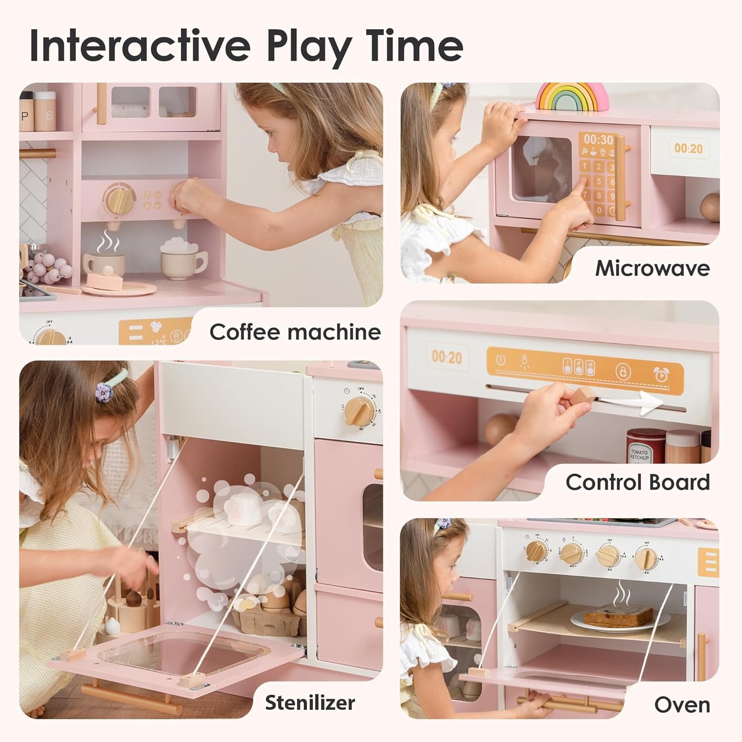 Pink Wooden Play Kitchen for Kids– Realistic Appliances, Storage & 15 Fun Accessories for Inspiring Pretend Play (Ages 3+) - Image 4