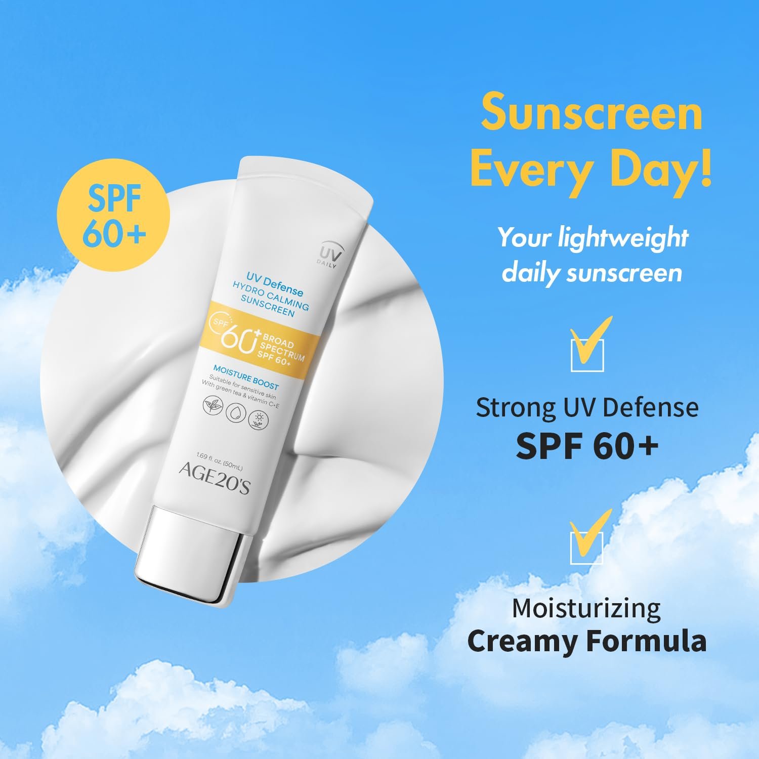AGE20'S UV Defense Hydro Calming Sunscreen SPF 60+ | Korean Sunscreen | Moisturizing Creamy Formula, No White Cast, Lightweight Finish | Green Tea + Aloe Vera | Dermatest Excellent | 1.69 fl.oz*1 - Image 3