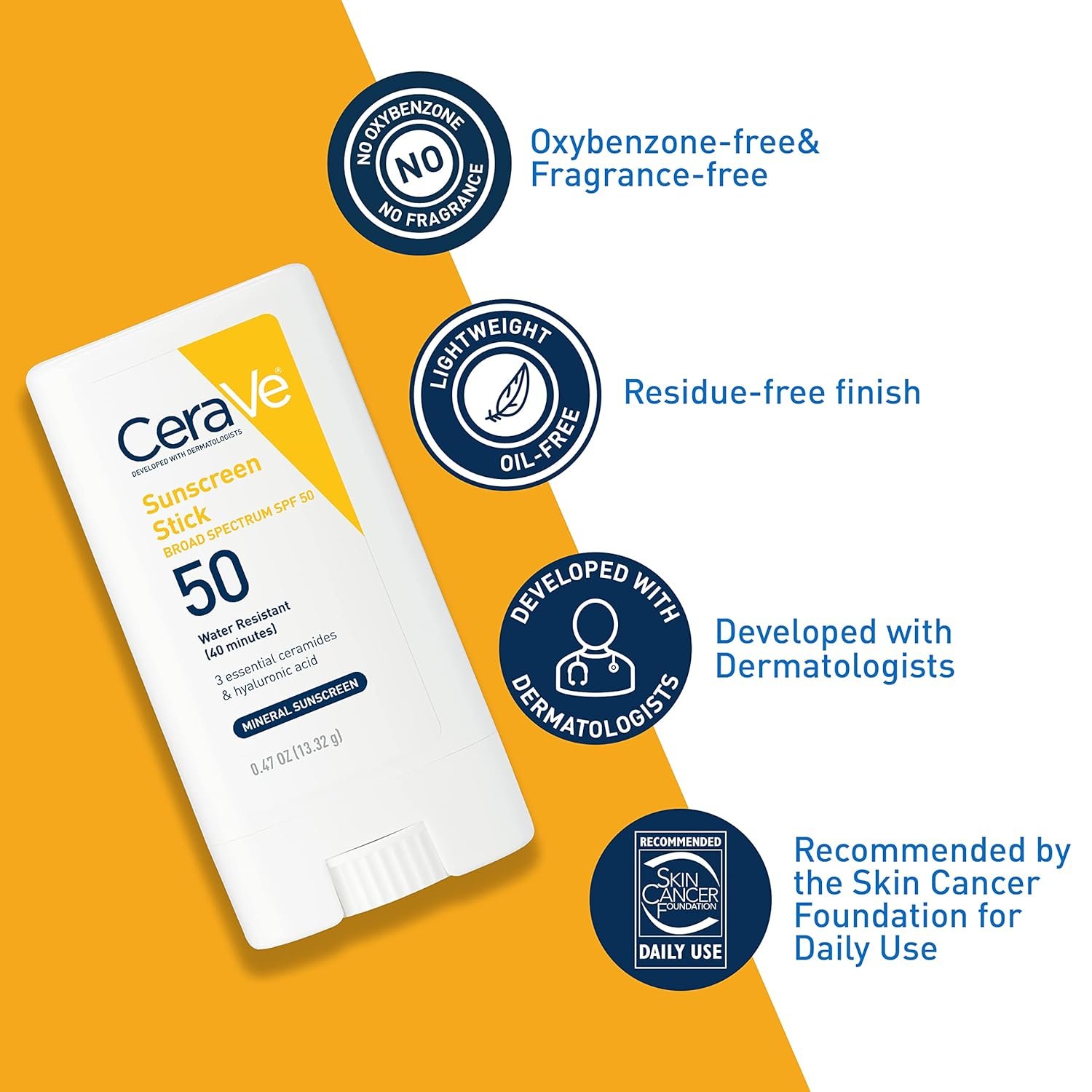 CeraVe Mineral Sunscreen Stick SPF 50, Broad Spectrum SPF + Hyaluronic Acid + Ceramides, Titanium Dioxide & Zinc Oxide, 100% Mineral Face Sunscreen Stick, Fragrance Free & Oil Free - Image 3