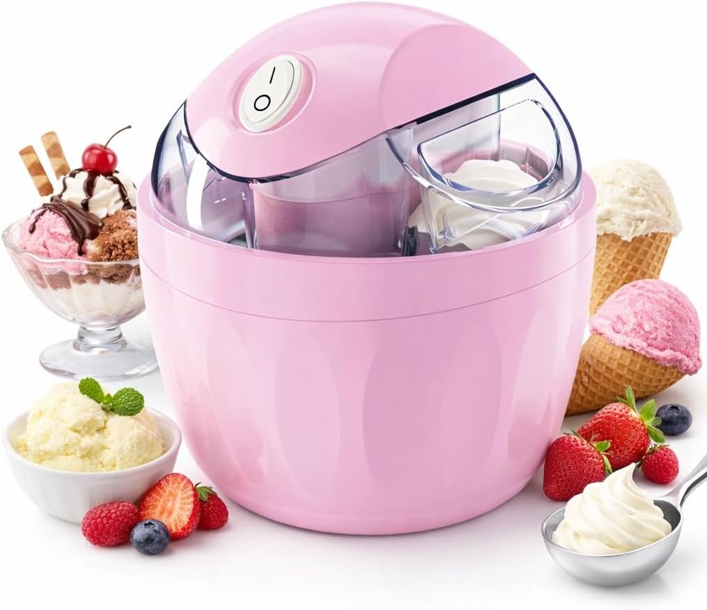 Mini Ice Cream Maker Machine, Personal Ice Cream Maker for Frozen Yogurt, Gelato and Sorbet, Small Electric Dessert Makers with Freezer Bowl, One Touch Compact Ice-Cream Machine for Home (Pink)