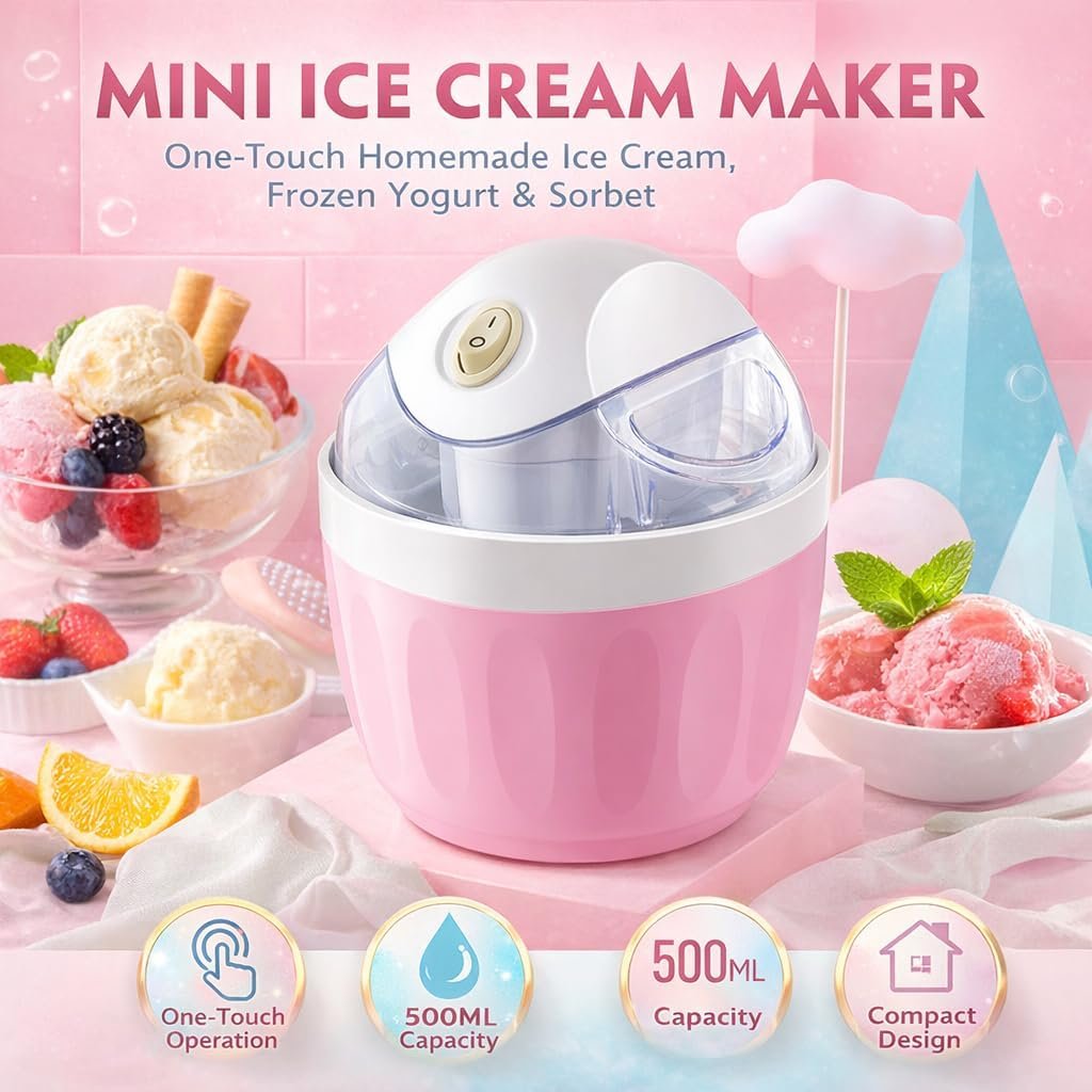 Mini Ice Cream Maker Machine, Personal Ice Cream Maker for Frozen Yogurt, Gelato and Sorbet, Small Electric Dessert Makers with Freezer Bowl, One Touch Compact Ice-Cream Machine for Home (Pink) - Image 4