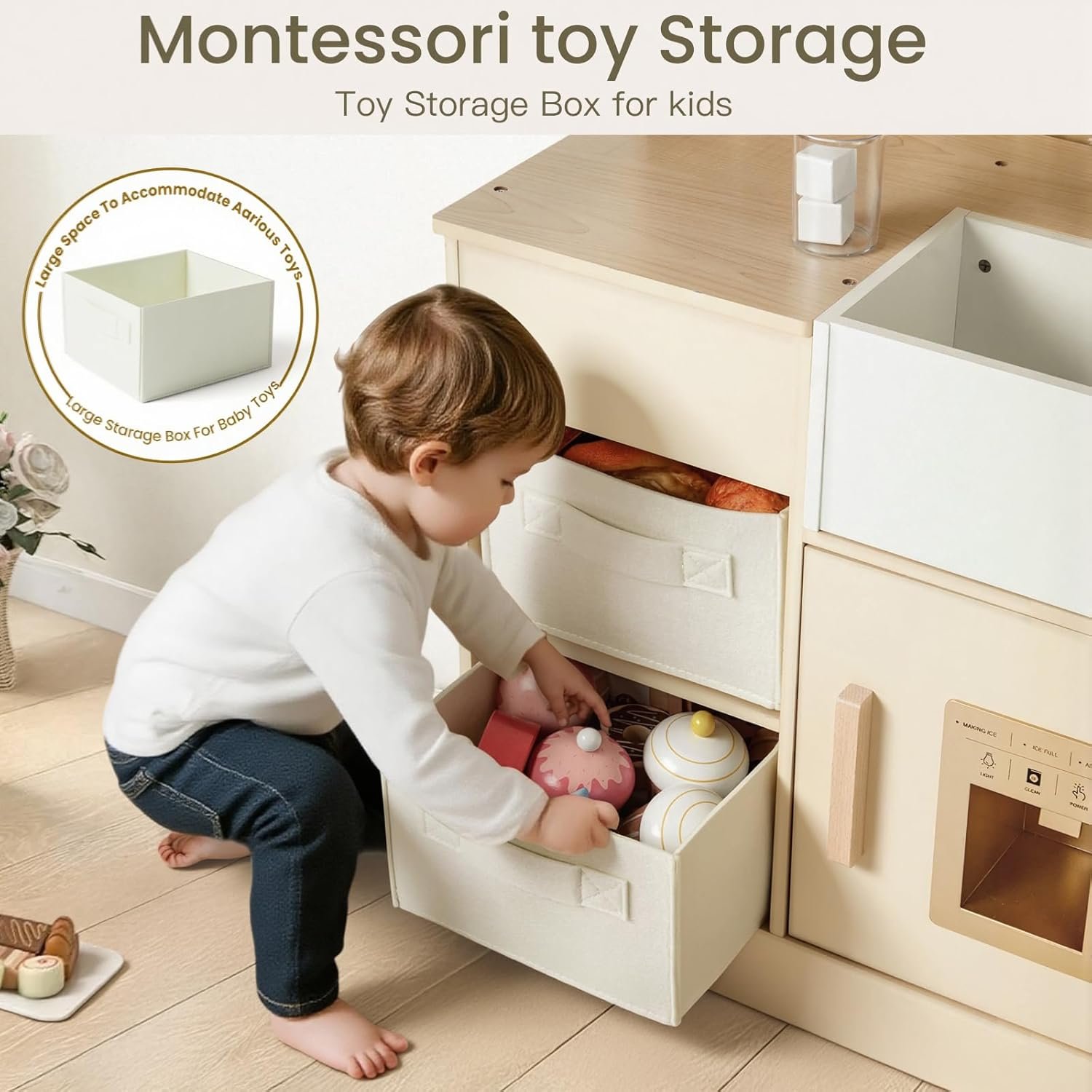 labebe Play Kitchen for Toddlers with Storage Boxes, Wooden Kids Toy Kitchen Set with Realistic Accessories, Pretend Play Gift for 3+ Year Old Girls Boys - Image 3