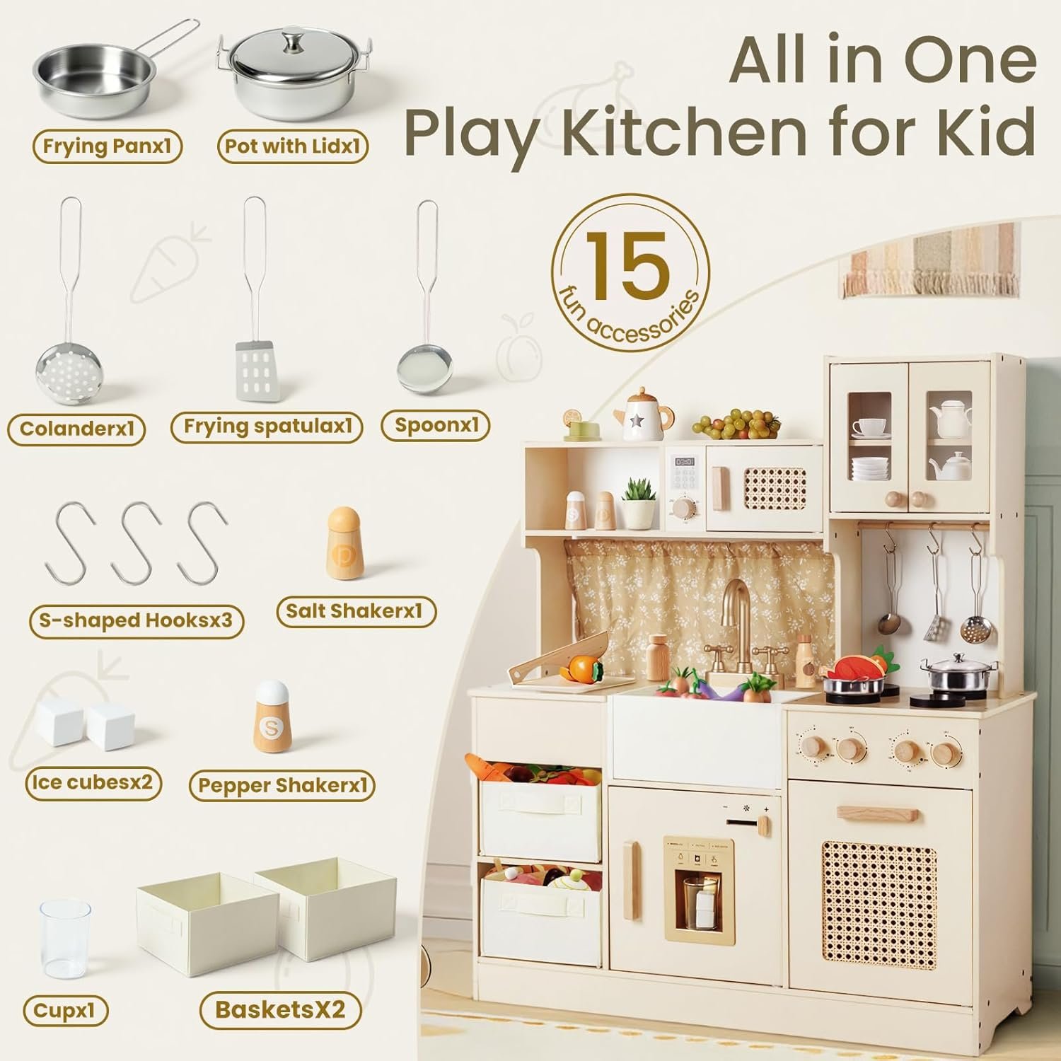 labebe Play Kitchen for Toddlers with Storage Boxes, Wooden Kids Toy Kitchen Set with Realistic Accessories, Pretend Play Gift for 3+ Year Old Girls Boys - Image 6