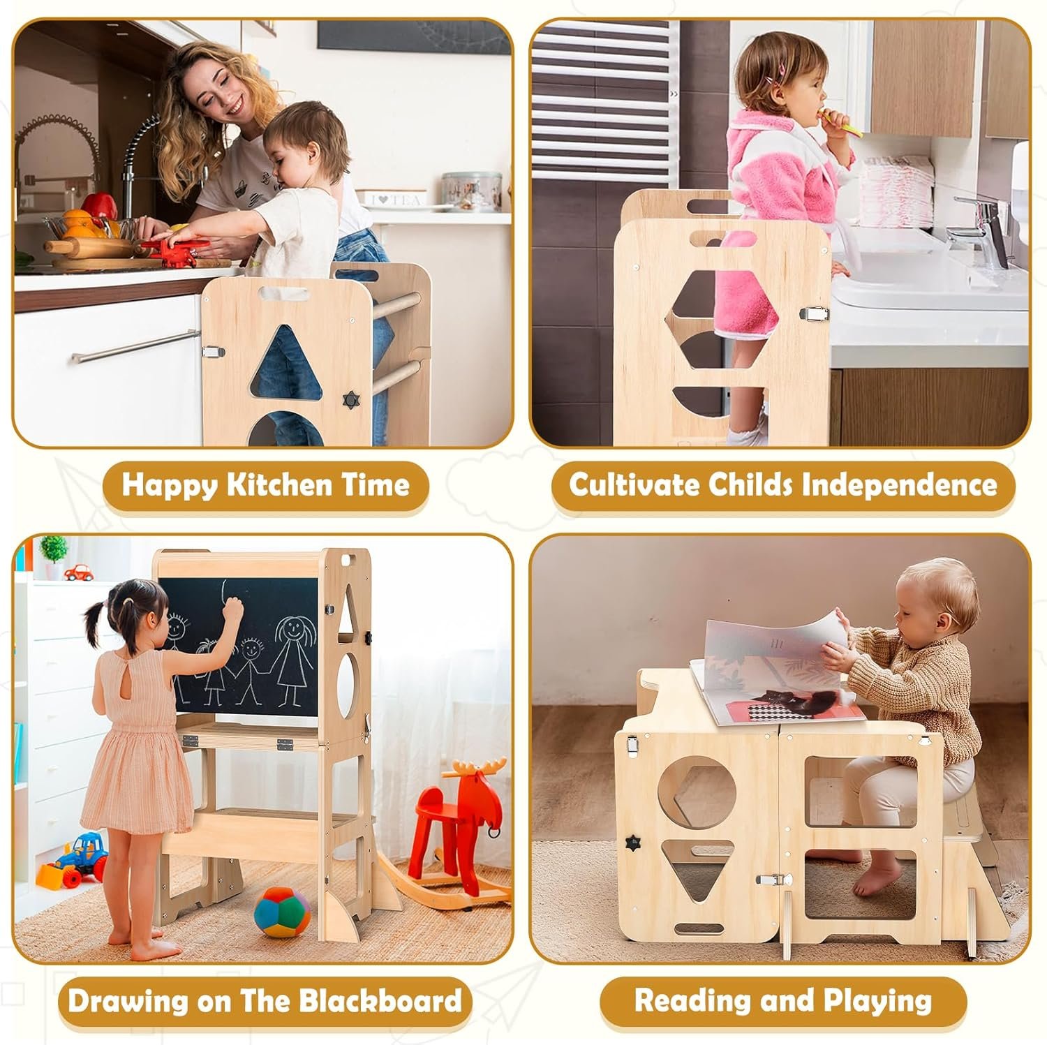4-in-1 Toddler Kitchen Step Stool, Foldable Learning Standing Tower with Blackboard, Wooden Kitchen Stool Helper for Kids, 1-3 Year Old Boy Girl Gifts - Image 4