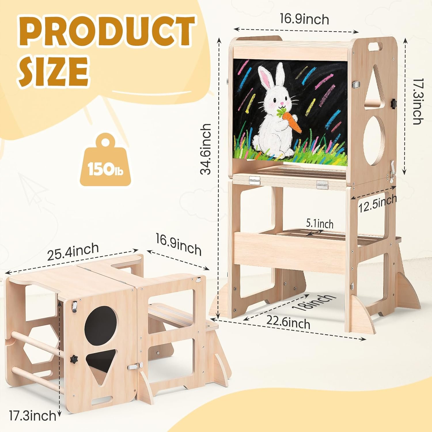 4-in-1 Toddler Kitchen Step Stool, Foldable Learning Standing Tower with Blackboard, Wooden Kitchen Stool Helper for Kids, 1-3 Year Old Boy Girl Gifts - Image 5