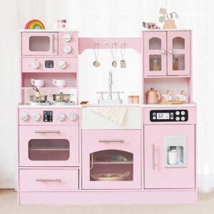 Wooden Play Kitchen for Toddlers and Kids with Lights & Sounds, Large Interactive Pretend Play Set with Ice Maker, Stove, Sink, Oven, 12 Accessories - Ages 3-8