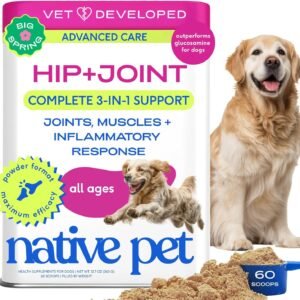 Native Pet Hip & Joint Advanced Care Dog Joint Supplement Powder for Mobility & Movement Support, Joint Supplement for Dogs with HMB, UC-II Collagen, Green Lipped Mussel & Hyaluronic Acid – 60 Scoops