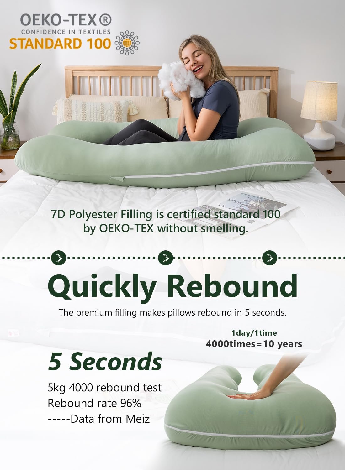Meiz Pregnancy Pillows for Sleeping, Cooling Pregnancy Pillows, 60Inch Maternity Pillows, U Shaped Full Body Pillows for Adults with Rayon Cover from Bamboo, Sage Green - Image 5
